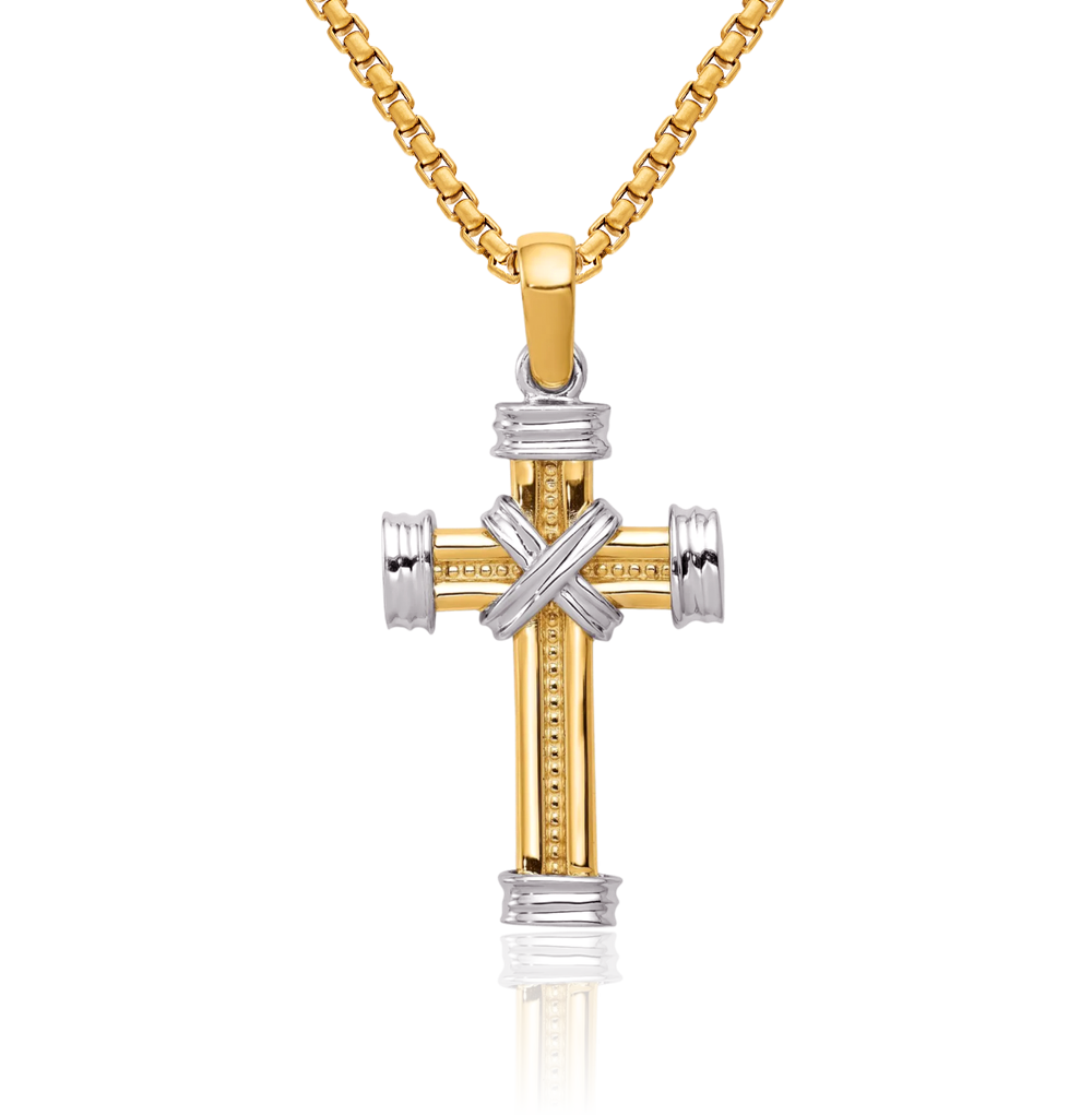 14K Solid Two Tone Gold Cross Necklace - Picture 12 of 16