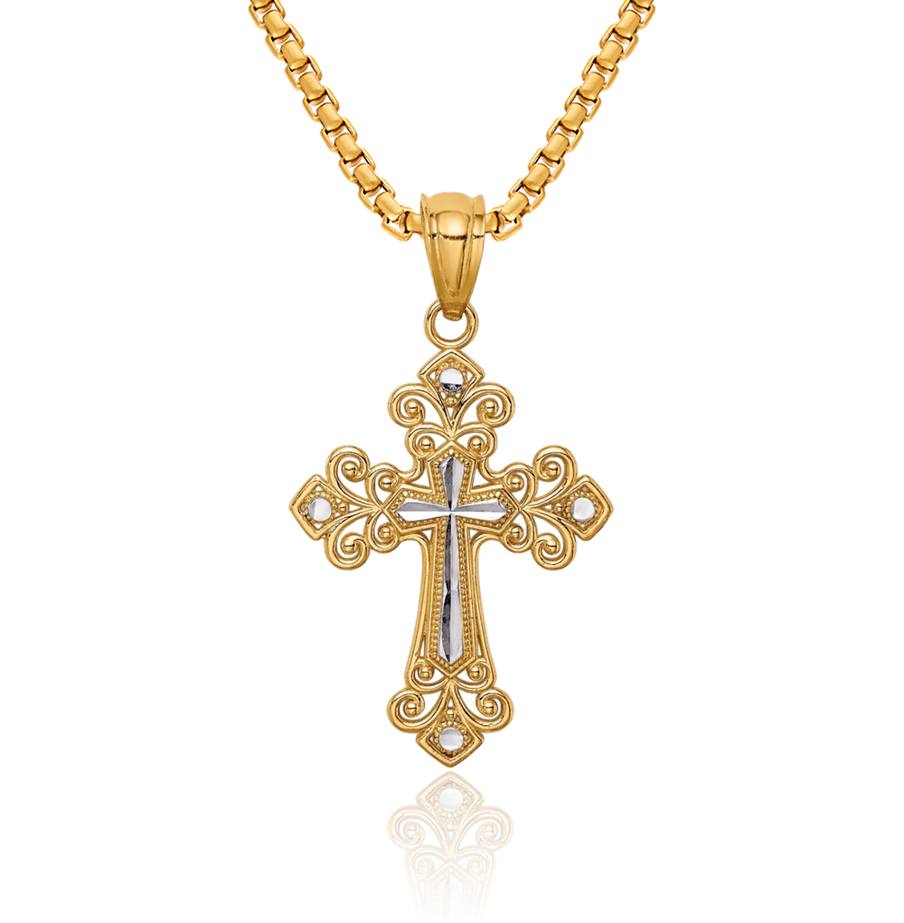 14K Solid Two Tone Gold Cross Necklace - Picture 12 of 14