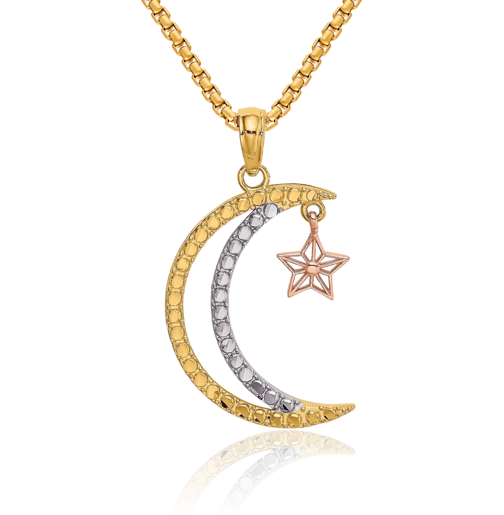 14K Solid Two Tone Gold Dangling White Moon Star Necklace - Picture 2 of 37