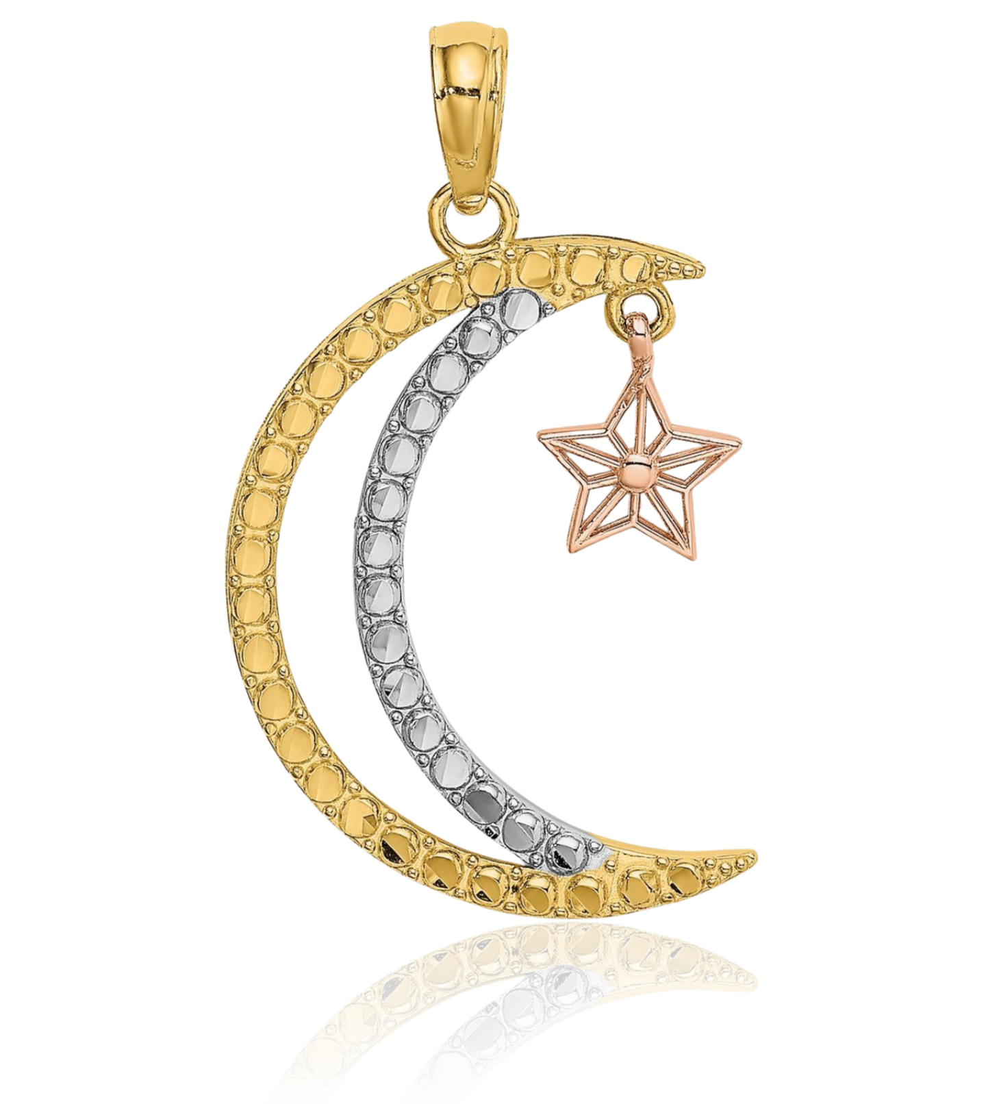14K Solid Two Tone Gold Dangling White Moon Star Necklace - Picture 8 of 37