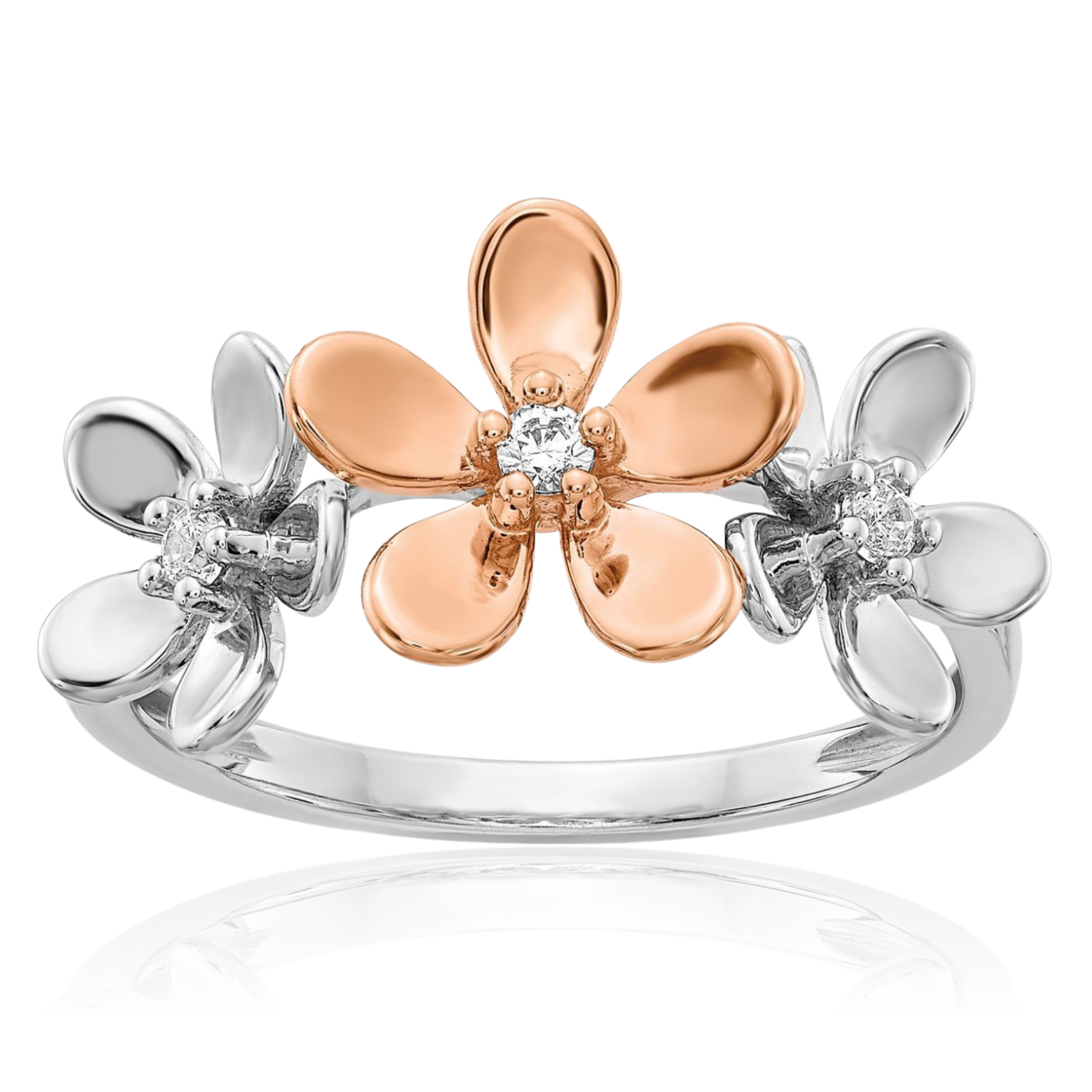 14K Solid Two Tone Gold Diamond Flower Ring - Picture 3 of 101