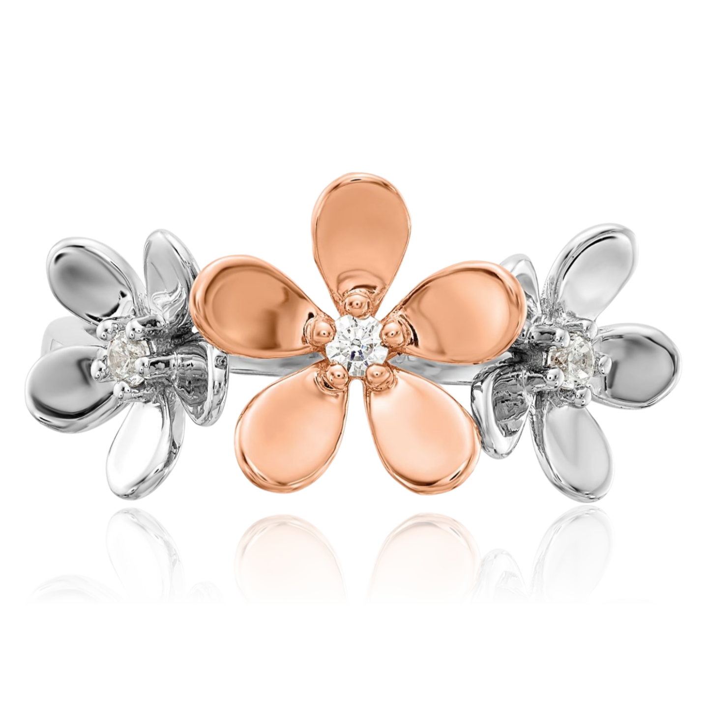 14K Solid Two Tone Gold Diamond Flower Ring - Picture 11 of 101