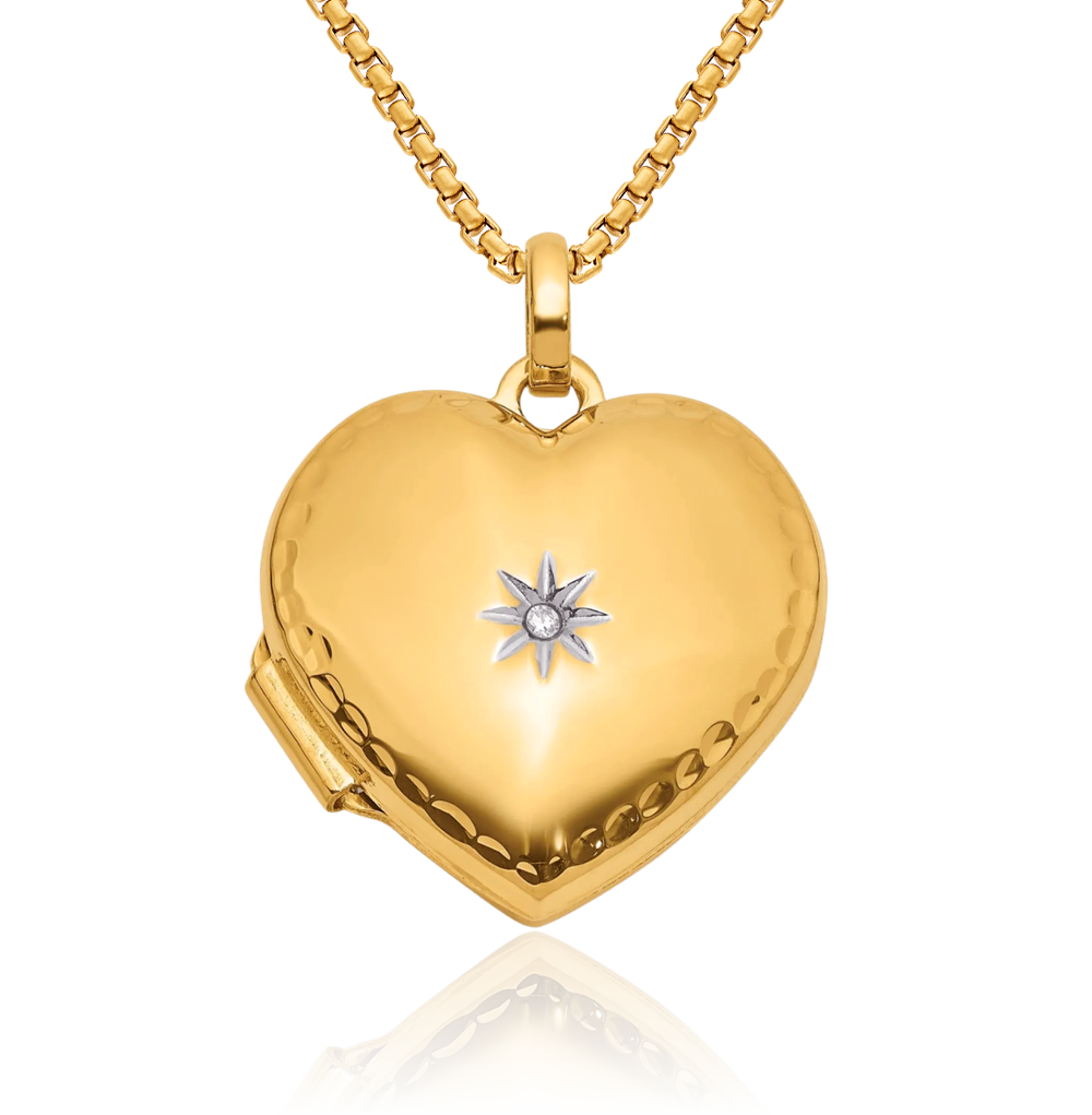 14K Solid Two Tone Gold Diamond Heart Photo Locket Necklace - Picture 12 of 14