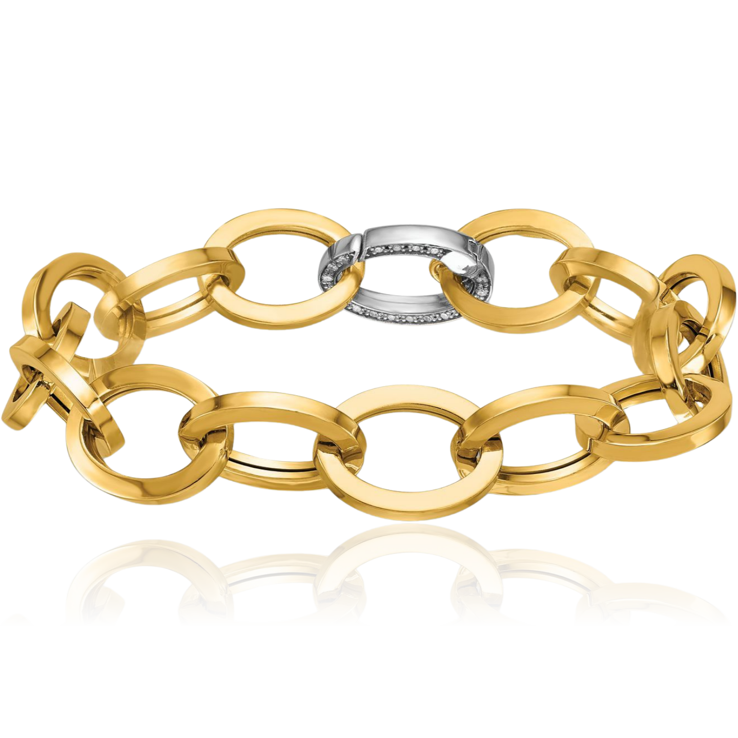 14K Solid Two Tone Gold Diamond Oval Cable Rolo Link Chain Bracelet - Picture 8 of 13