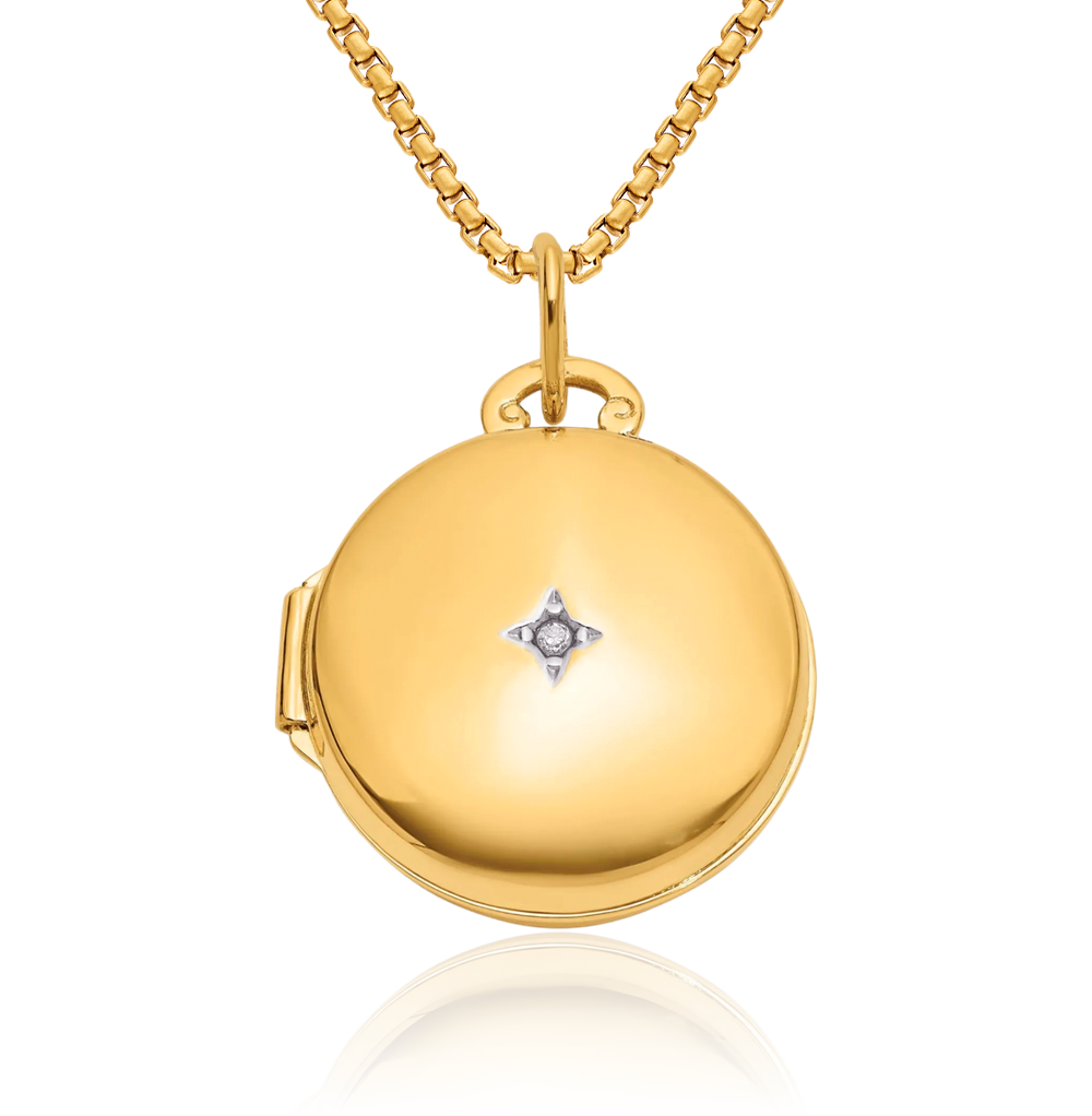 14K Solid Two Tone Gold Diamond Round Photo Locket Necklace - Picture 2 of 45