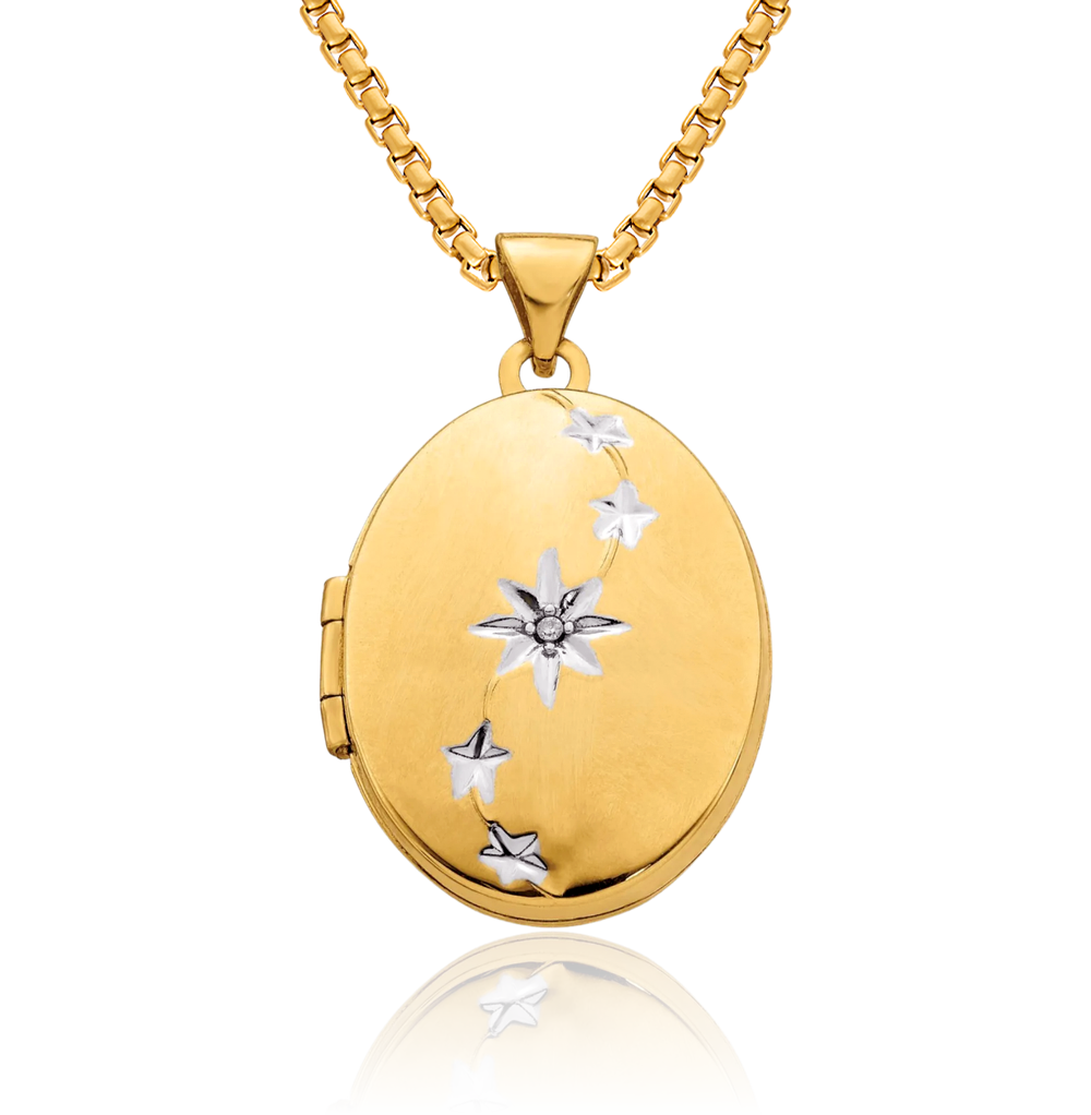 14K Solid Two Tone Gold Diamond Stars Oval Photo Locket Necklace - Picture 12 of 12