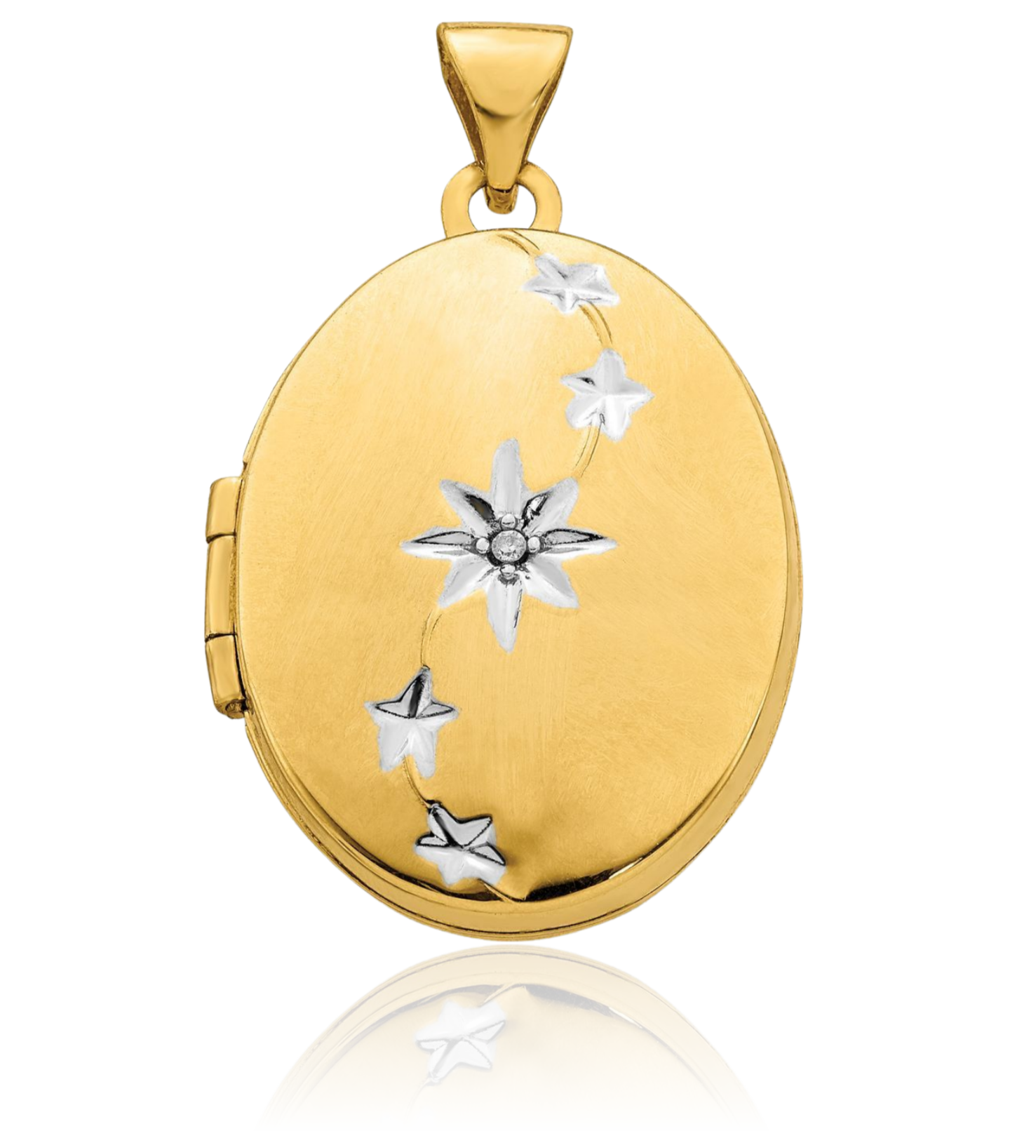14K Solid Two Tone Gold Diamond Stars Oval Photo Locket Necklace - Picture 9 of 11