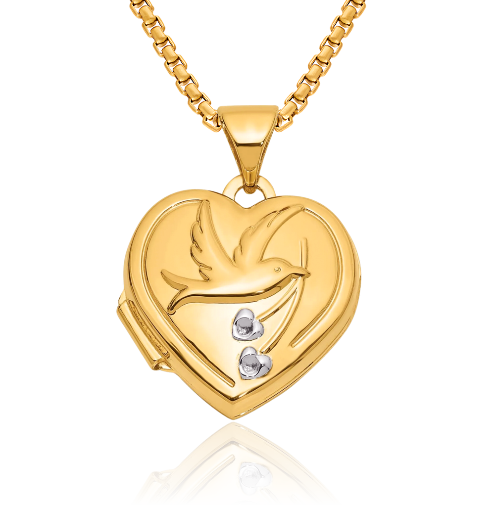 14K Solid Two Tone Gold Dove Together Forever Reversible Heart Photo Locket ... - Picture 12 of 14