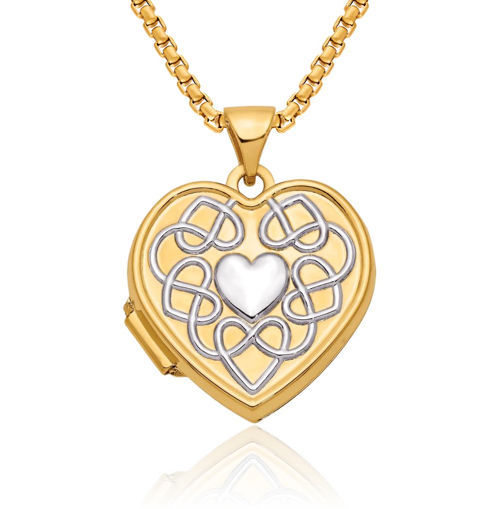 14K Solid Two Tone Gold Heart Photo Locket Necklace - Picture 12 of 14