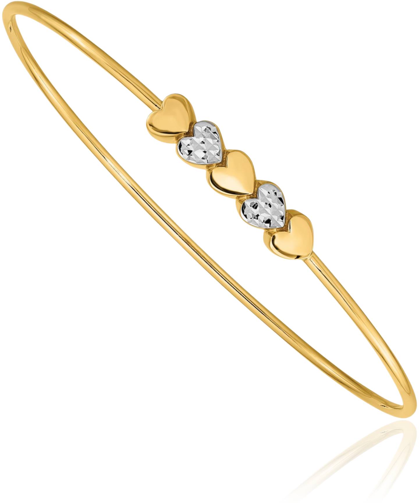 14K Solid Two Tone Gold Heart Slip On Bangle Bracelet - Picture 6 of 10