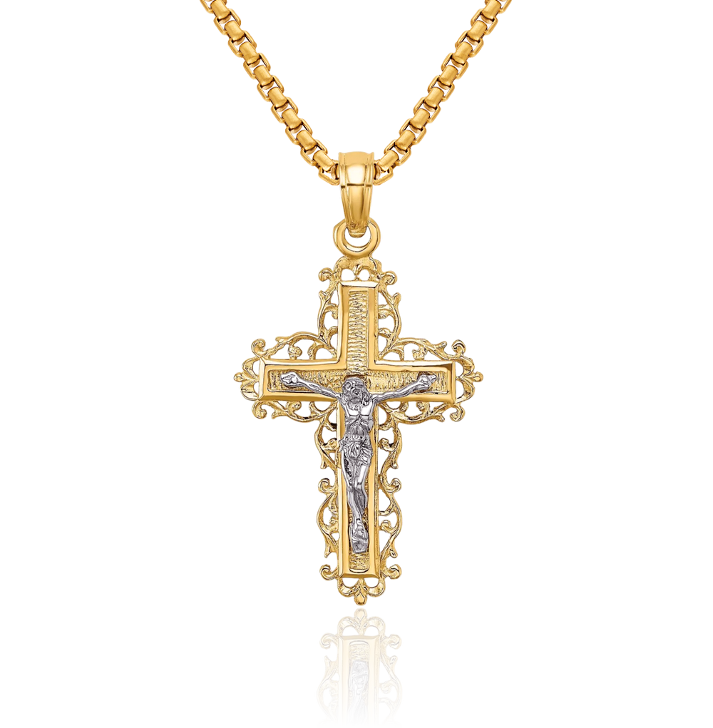 14K Solid Two Tone Gold Jesus Crucifix Cross Necklace - Picture 1 of 12