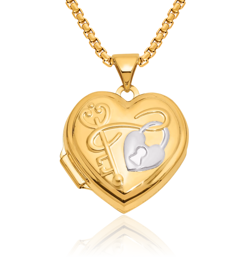 14K Solid Two Tone Gold Key My Heart Reversible Photo Locket Necklace - Picture 12 of 14