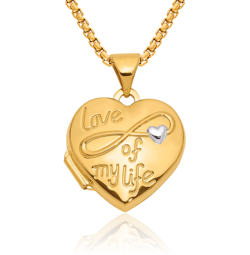 14K Solid Two Tone Gold Love of My Life Heart Photo Locket Necklace - Picture 12 of 14