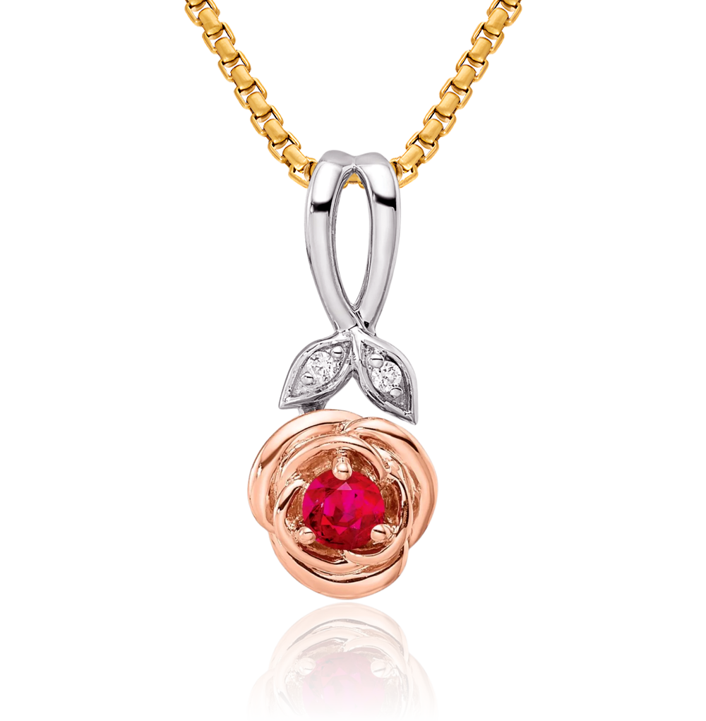 14K Solid Two Tone Gold Ruby Diamond Flower Necklace - Picture 2 of 33