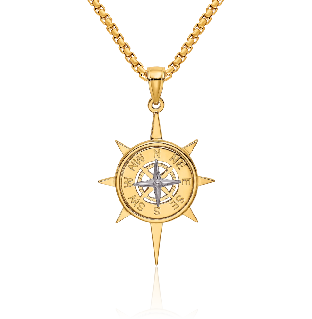 14K Solid Two Tone Gold Star North Compass Necklace - Picture 11 of 13