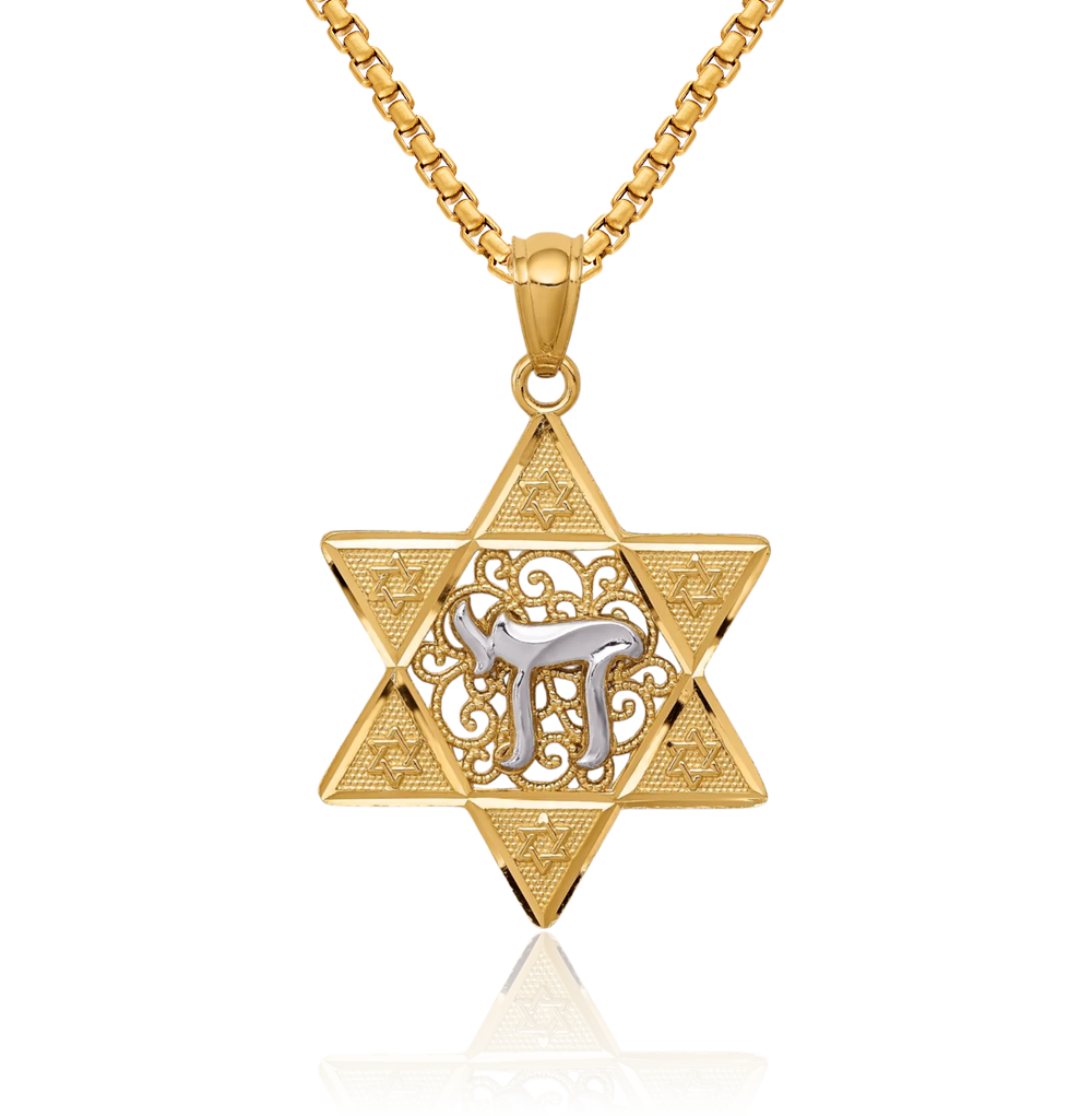 14K Solid Two Tone Gold Star of David Chai Necklace - Picture 2 of 67