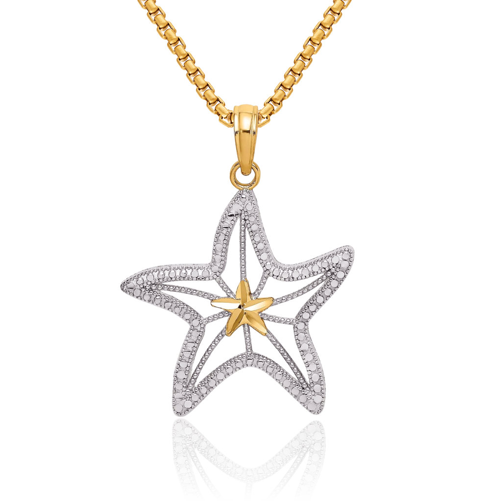 14K Solid Two Tone Gold Starfish Star Necklace - Picture 11 of 13