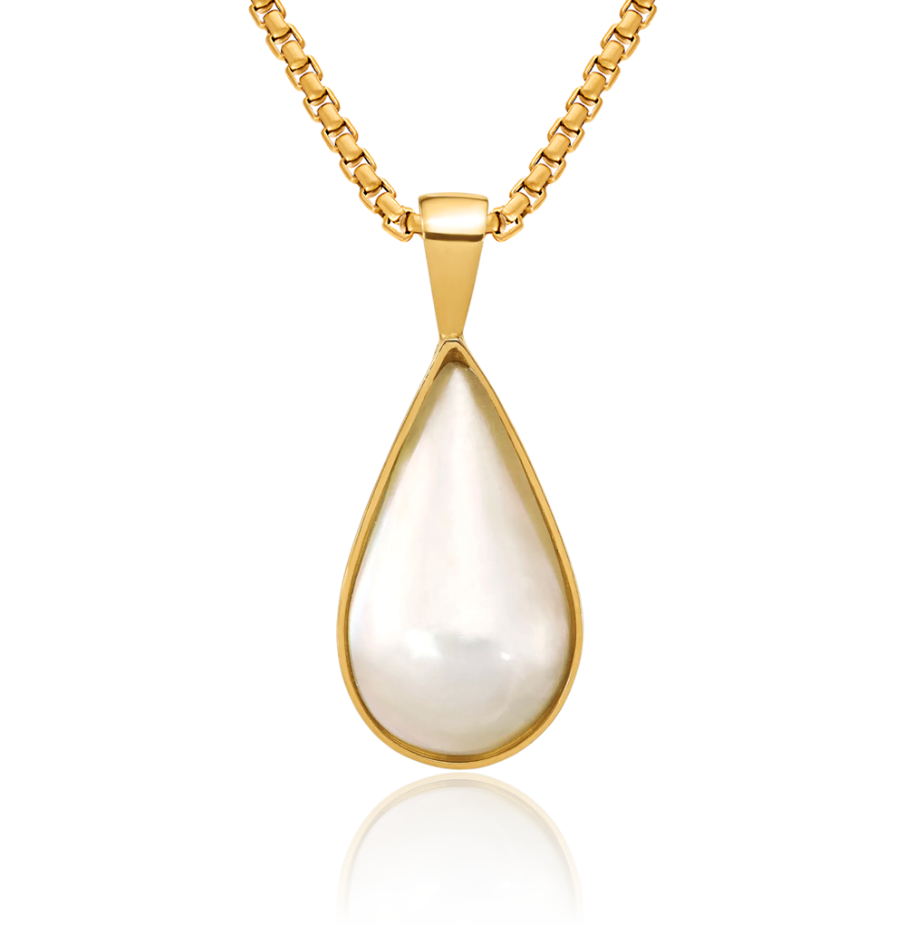 14K Solid Two Tone Gold Teardrop Saltwater Mabe Pearl Necklace - Picture 2 of 10