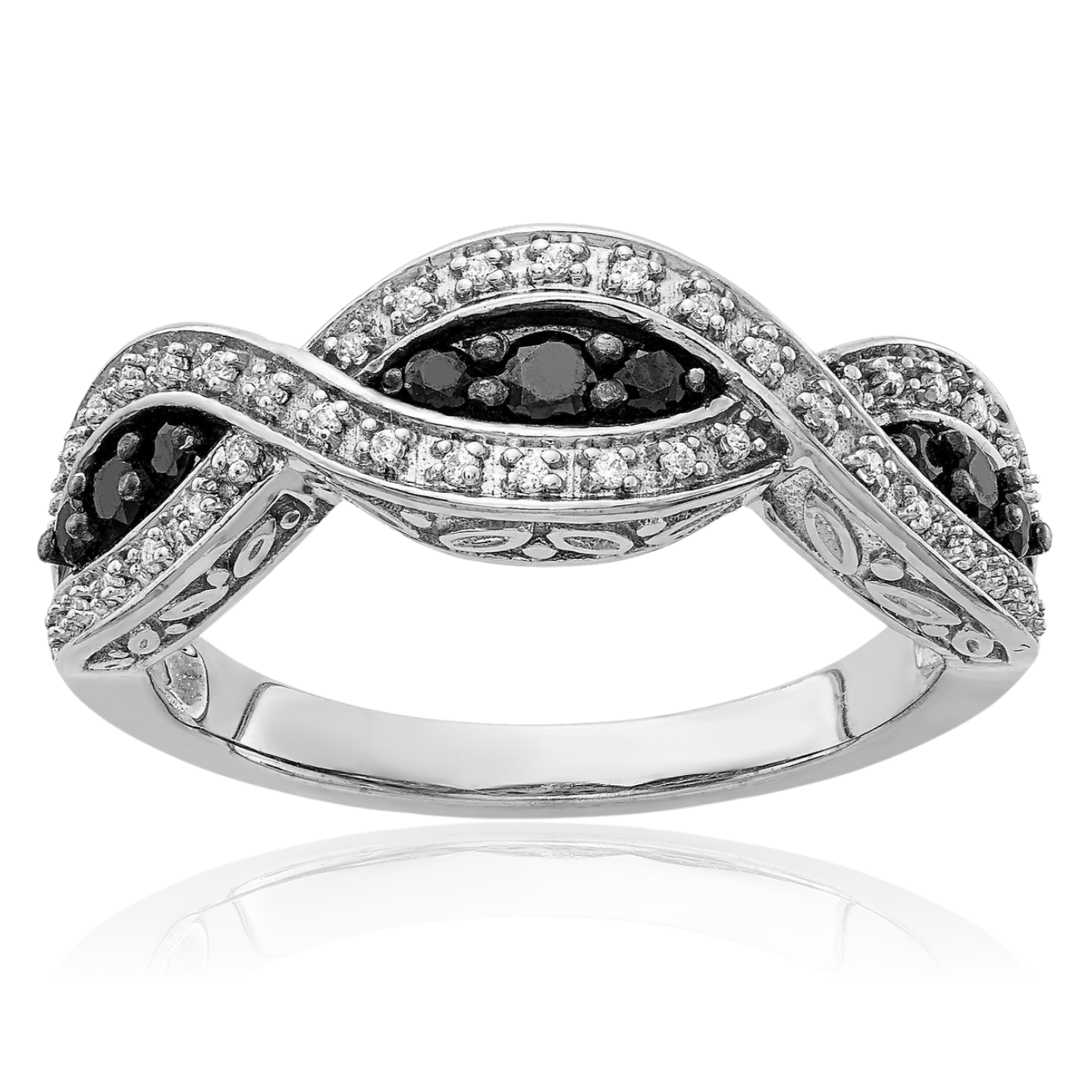 14K Solid White Gold Black Diamond Twisted Crisscross Band Statement Ring - Picture 2 of 82