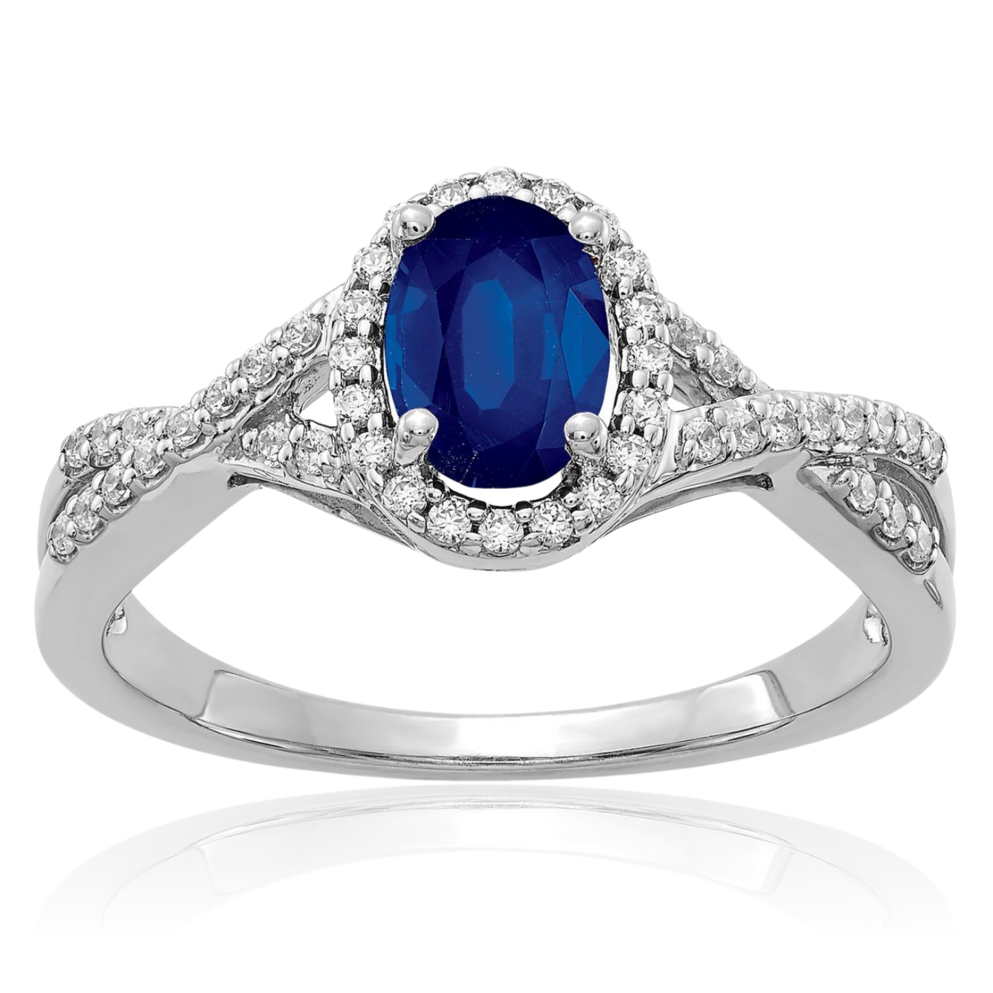 14K Solid White Gold Diamond Blue Sapphire Oval Halo Ring - Picture 8 of 70