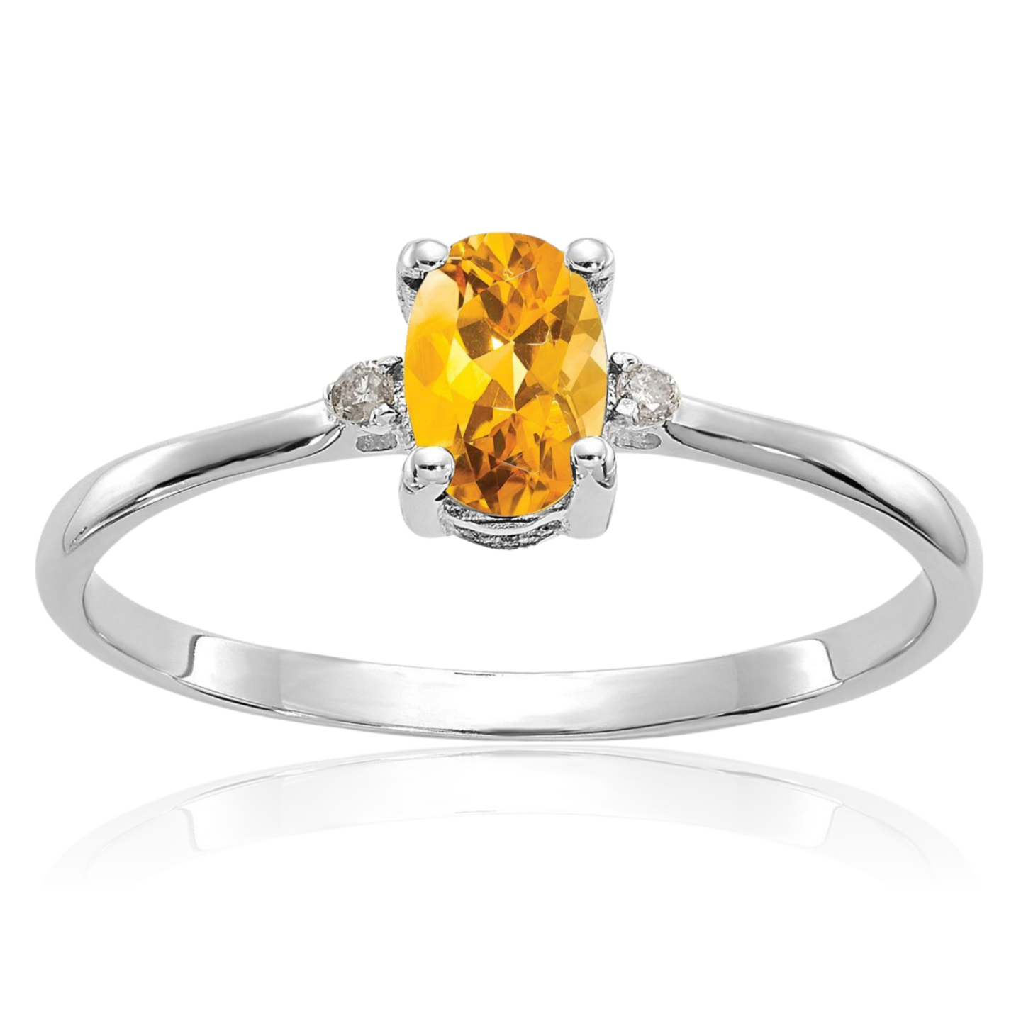 14K Solid White Gold 0.45 ct Yellow Citrine Diamond Accent Solitaire Ring 2mm