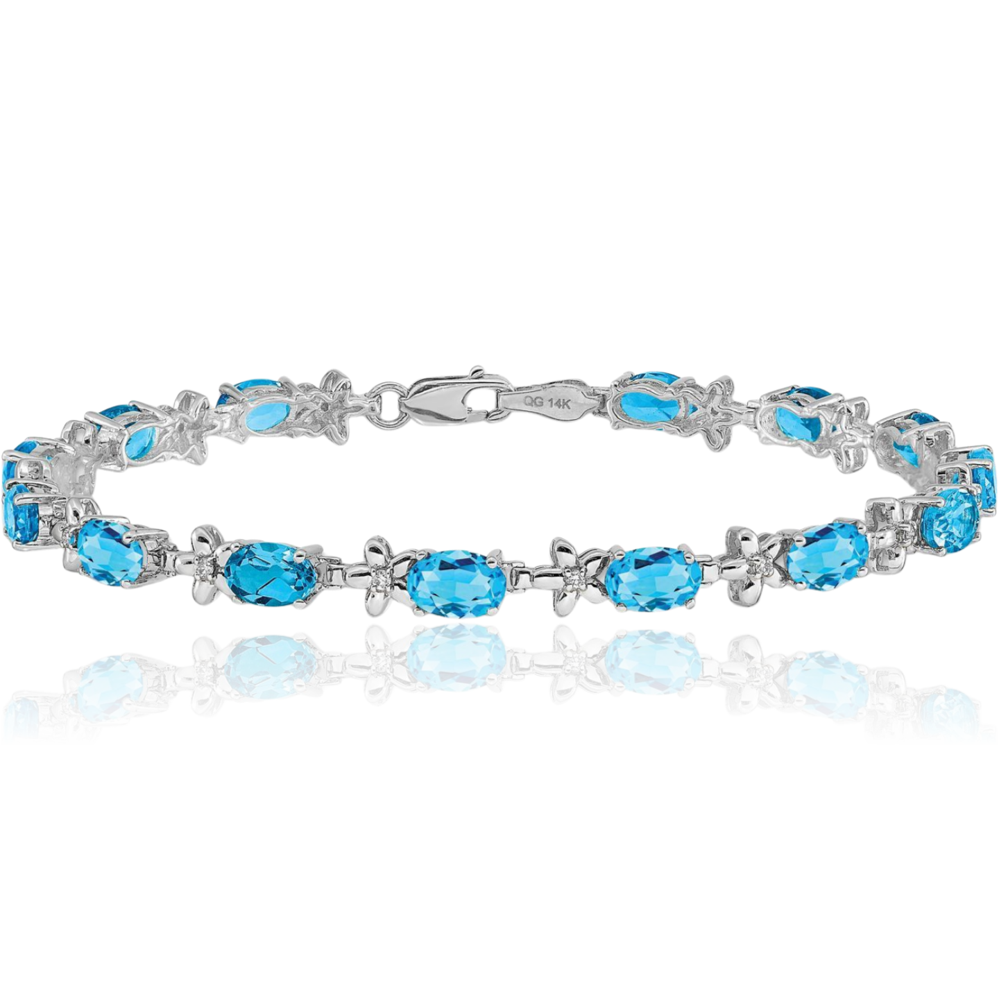 14K Solid White Gold Flower Diamond Swiss Blue Topaz Tennis Bracelet - Picture 7 of 12
