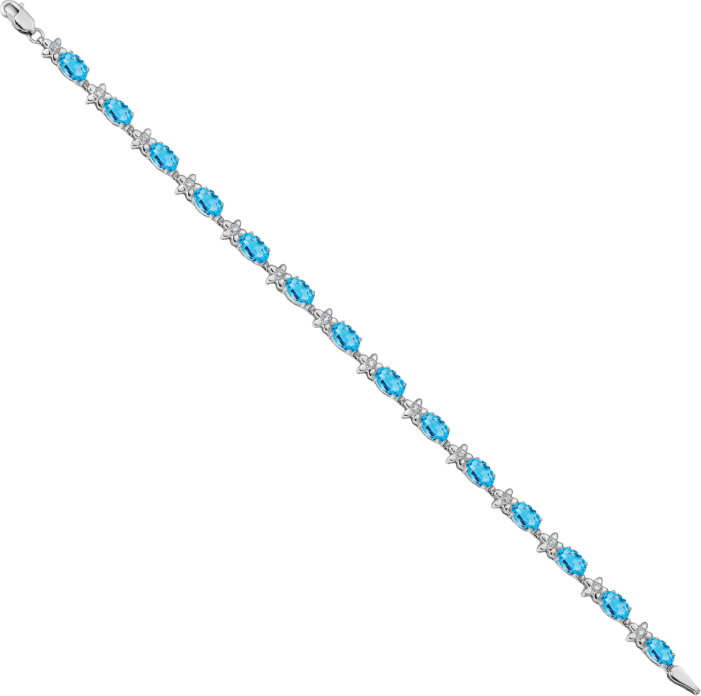 14K Solid White Gold Flower Diamond Swiss Blue Topaz Tennis Bracelet - Picture 8 of 12