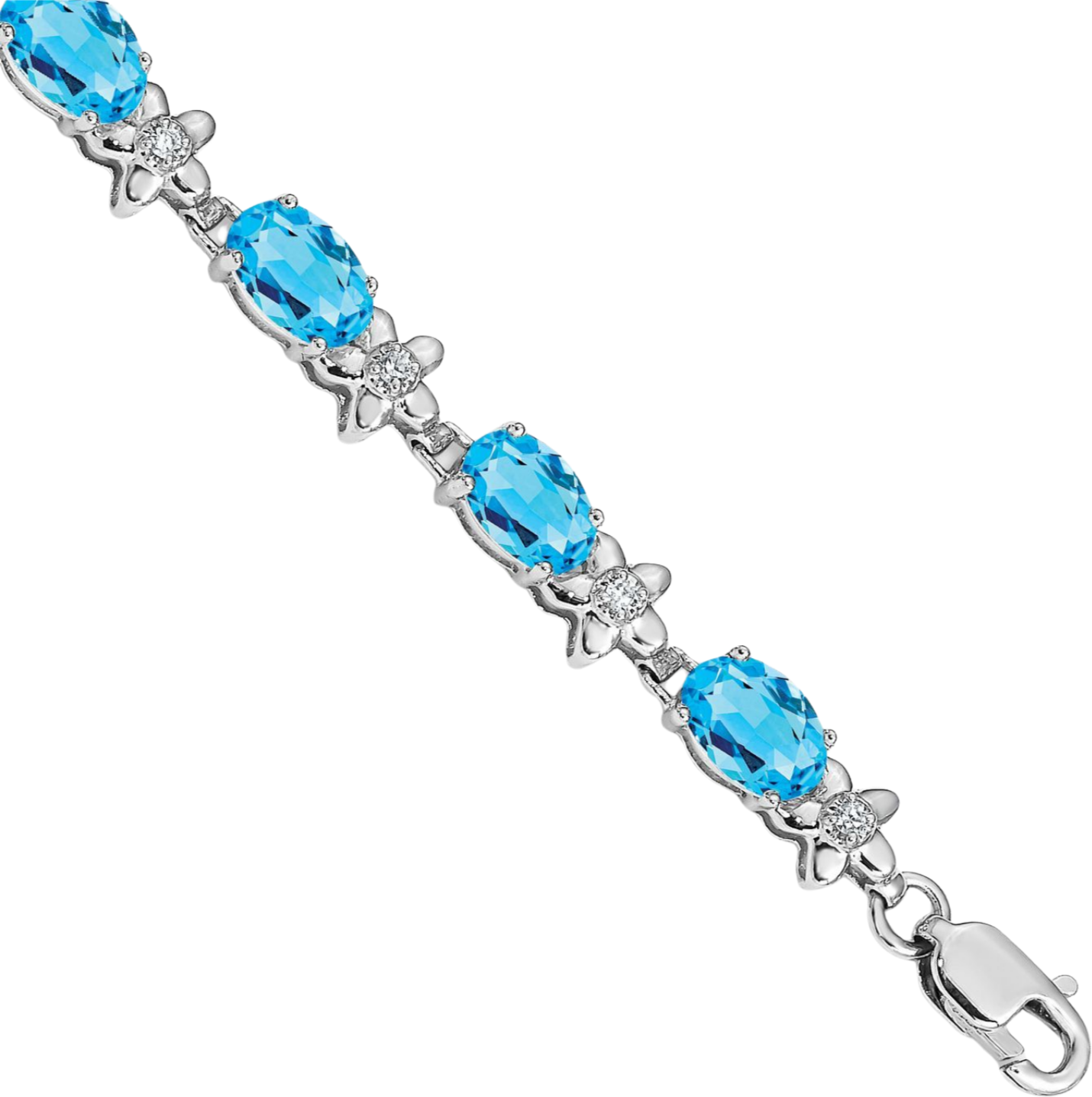14K Solid White Gold Flower Diamond Swiss Blue Topaz Tennis Bracelet - Picture 10 of 12