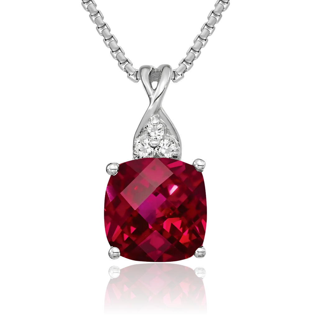 14K Solid White Gold Lab Ruby Diamond Necklace - Picture 2 of 37
