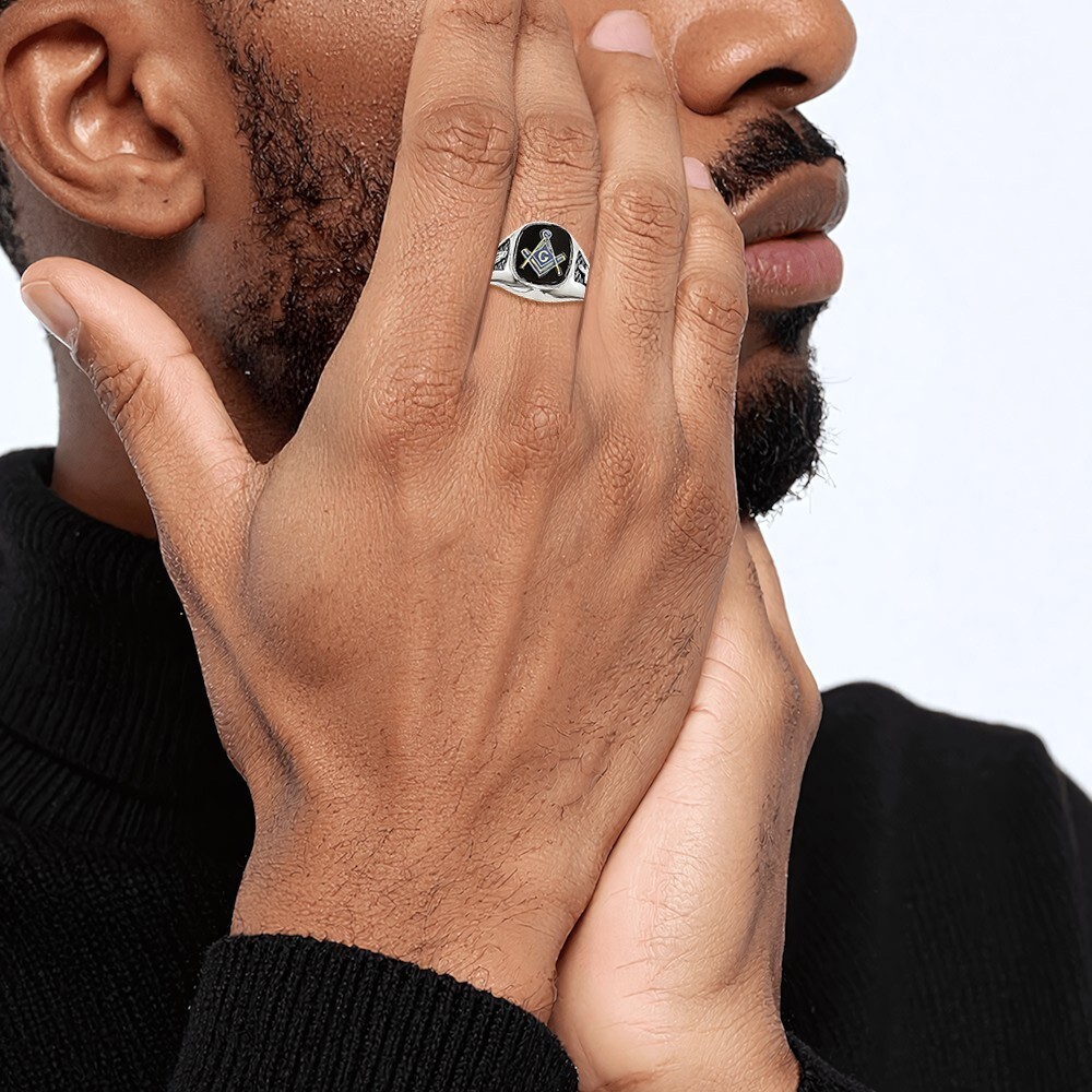 14K Solid White Gold Mens Onyx Masonic Ring - Picture 15 of 120