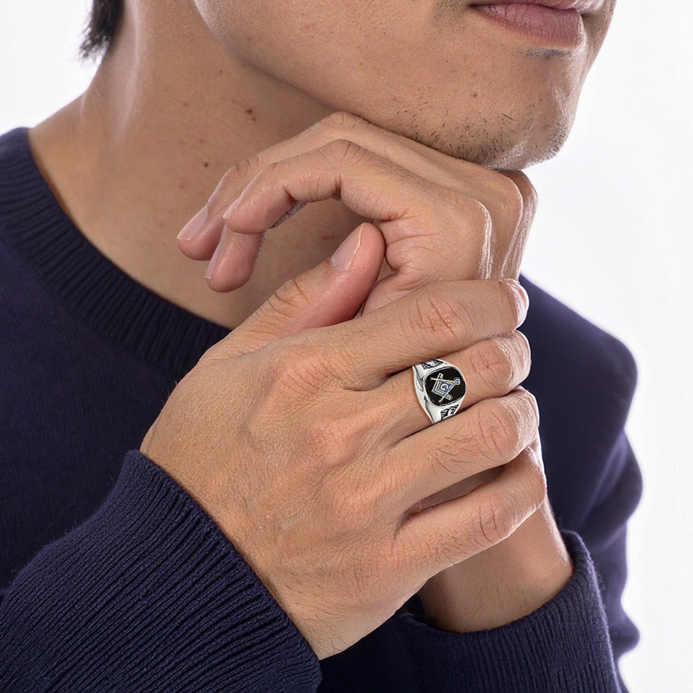 14K Solid White Gold Mens Onyx Masonic Ring - Picture 17 of 120