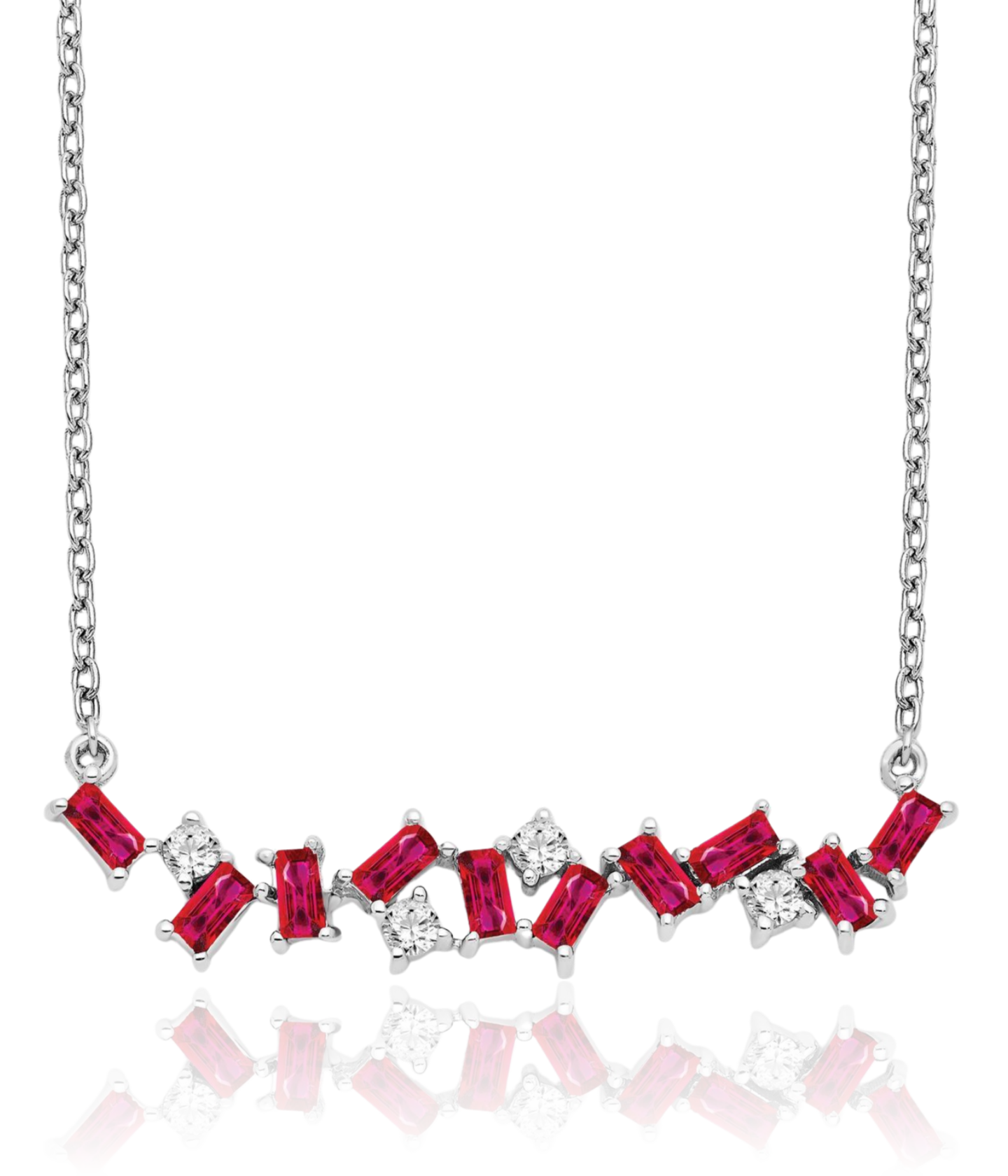 14K Solid White Gold Ruby Diamond Bar Chain Necklace - Picture 5 of 8