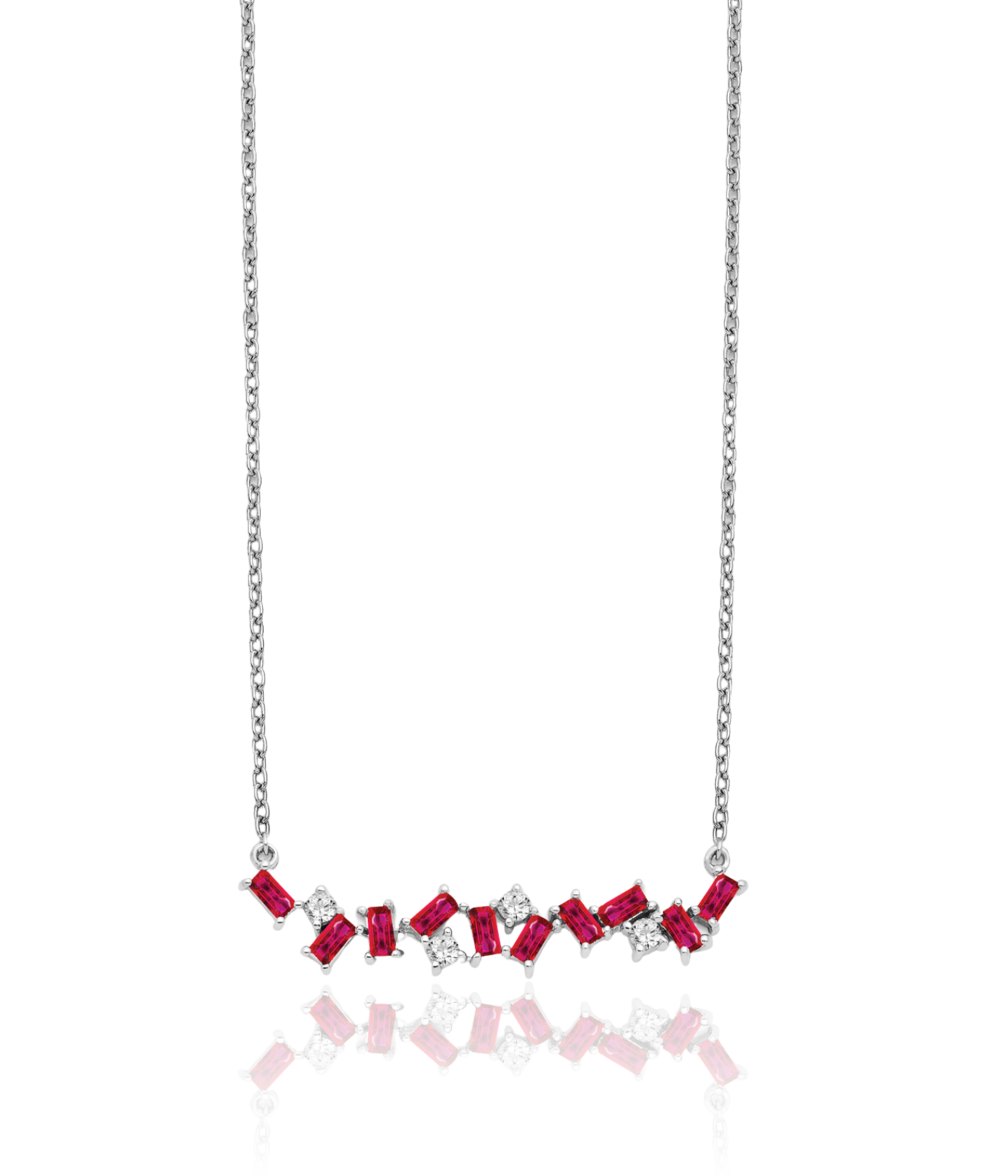 14K Solid White Gold Ruby Diamond Bar Chain Necklace - Picture 6 of 8