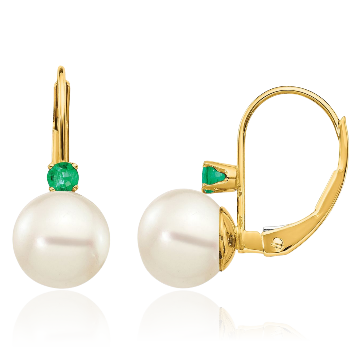 14K Solid Yellow Gold 0.18 ct Green Emerald Pearl Small Freshwater Dangle Drop