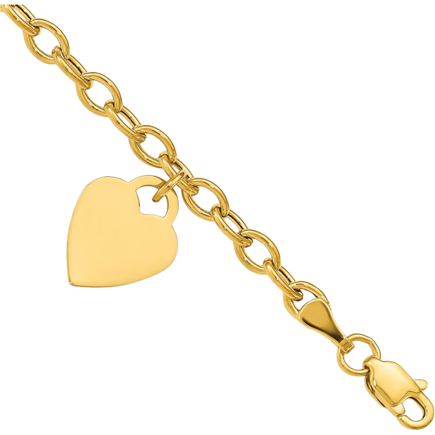 14K Yellow Gold 3mm Classic Cable Chain Heart Charm Bracelet 6 inch Semi-solid,