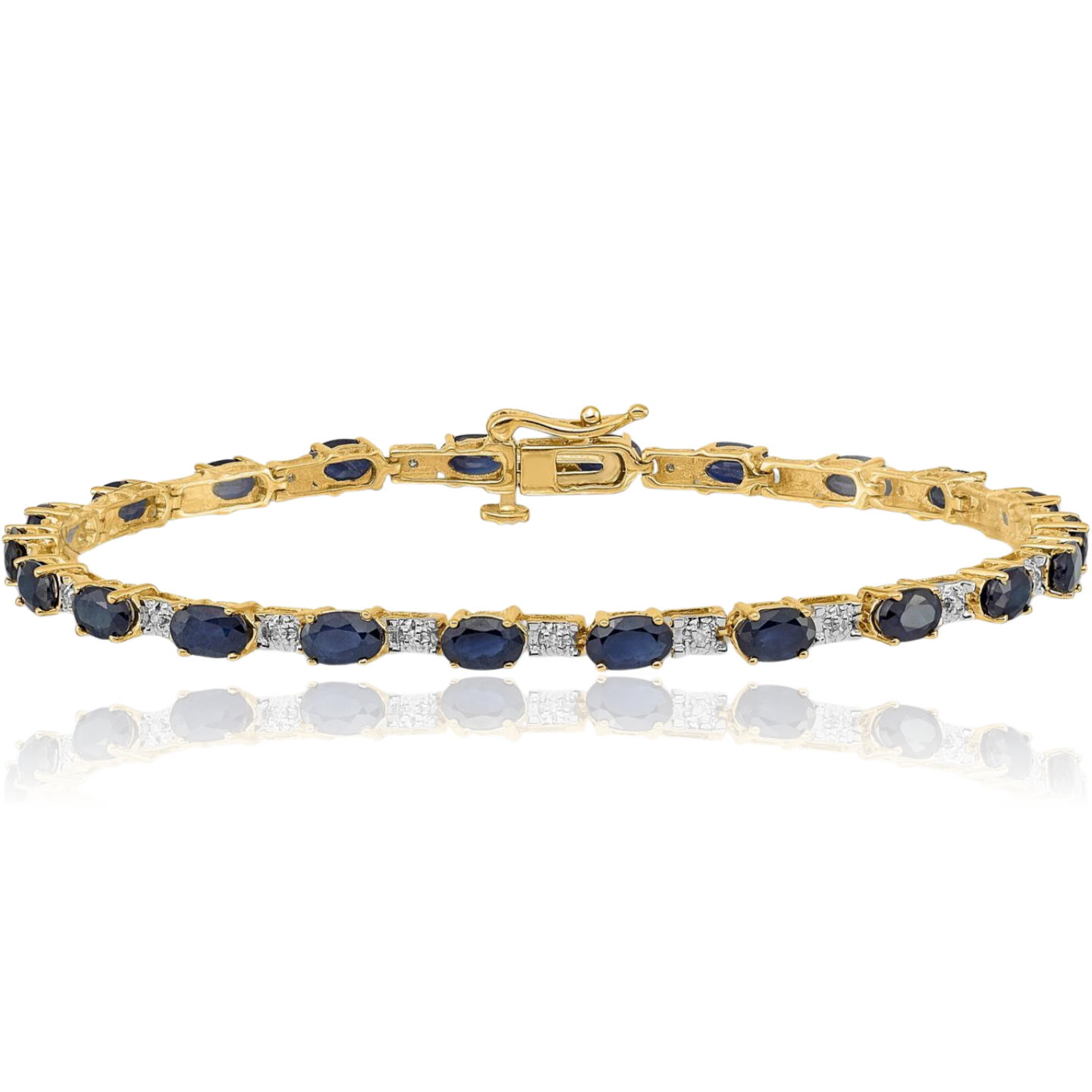 14K Solid Yellow Gold Diamond Blue Sapphire Tennis Bracelet - Picture 7 of 12