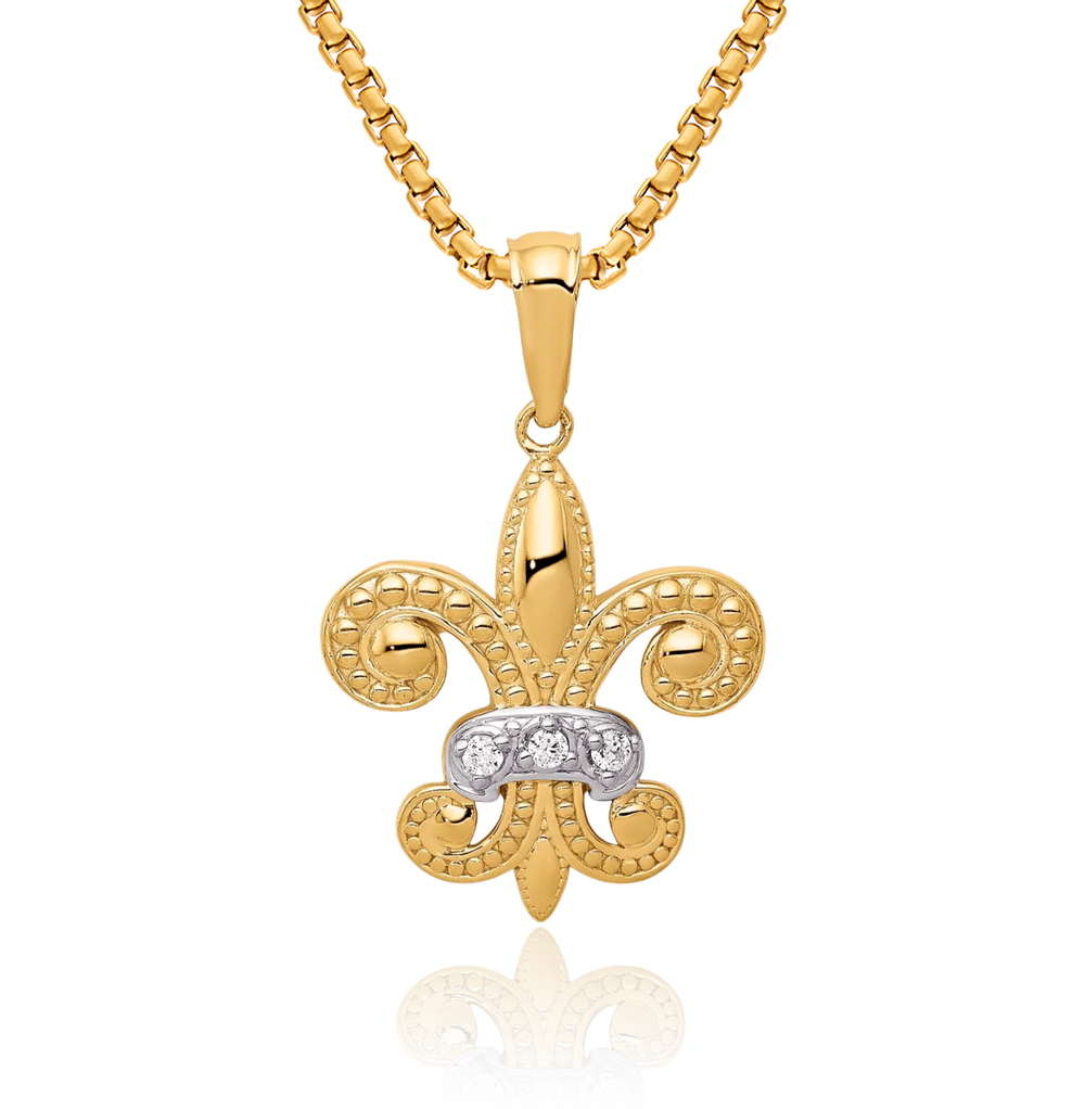14K massives Gelbgold Diamant Fleur de Lis Halskette - Bild 2 von 33