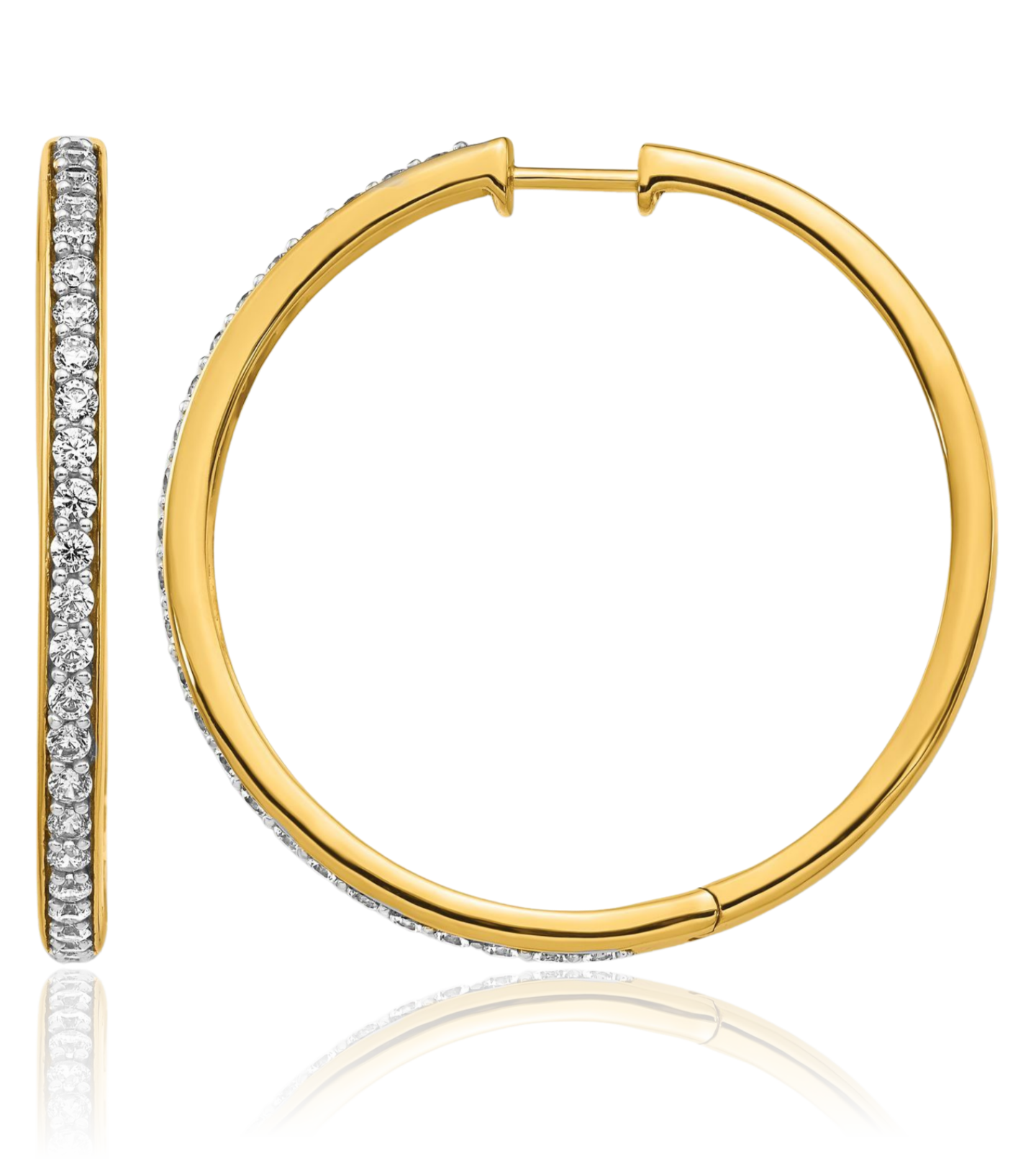 14K Solid Yellow Gold 1.25 ct Diamond Large Huggie Hoop Earrings 35mm 1-3/8