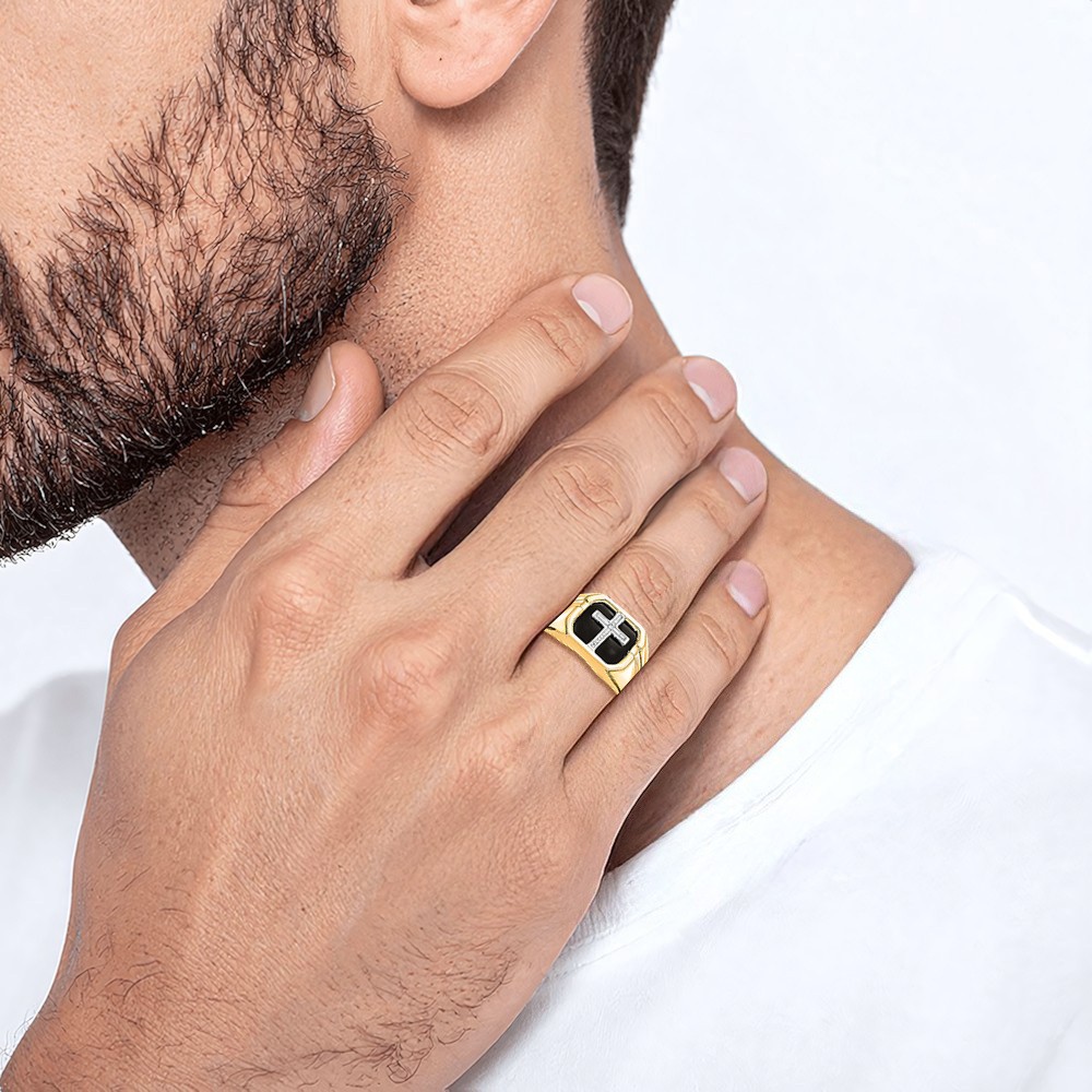Anillo cruzado de diamantes de ónix de oro amarillo macizo de 14K para hombre - Imagen 12 de 98