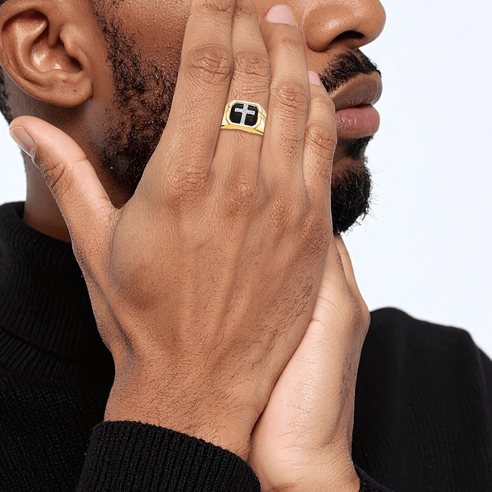 Anillo cruzado de diamantes de ónix de oro amarillo macizo de 14K para hombre - Imagen 13 de 98