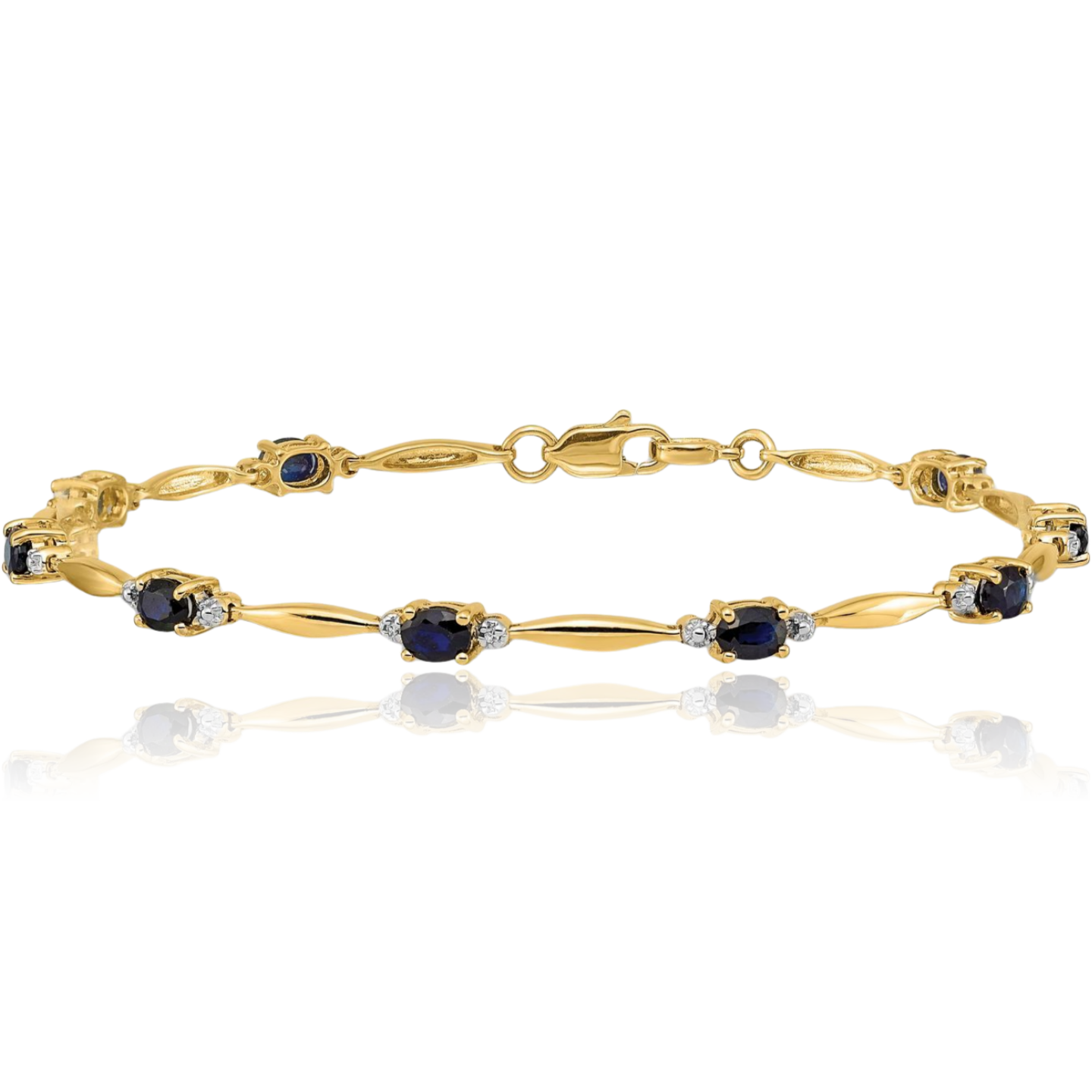 14K Solid Yellow Gold Diamond Oval Blue Sapphire Tennis Bracelet - Picture 7 of 12