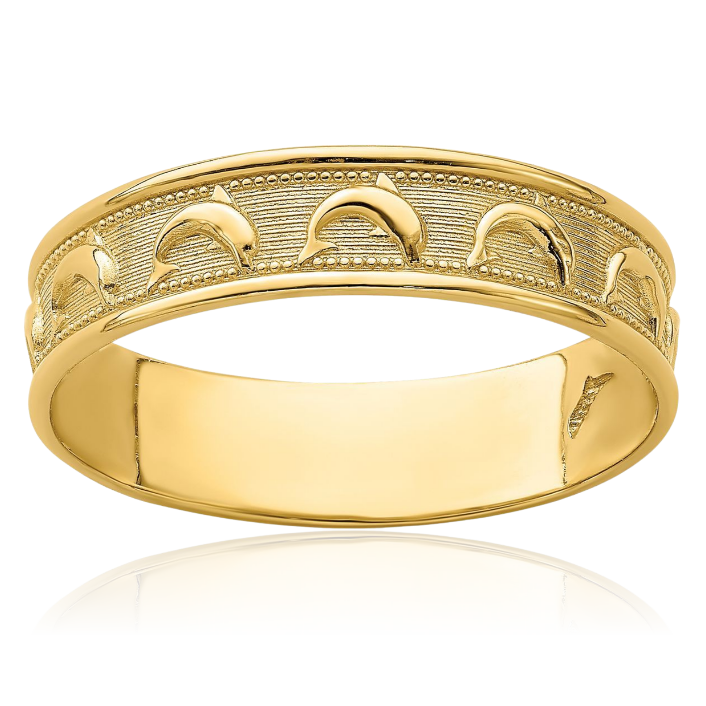 14K Solid Yellow Gold 5mm Classic Dolphin Band Ring Polished, Textured for Women