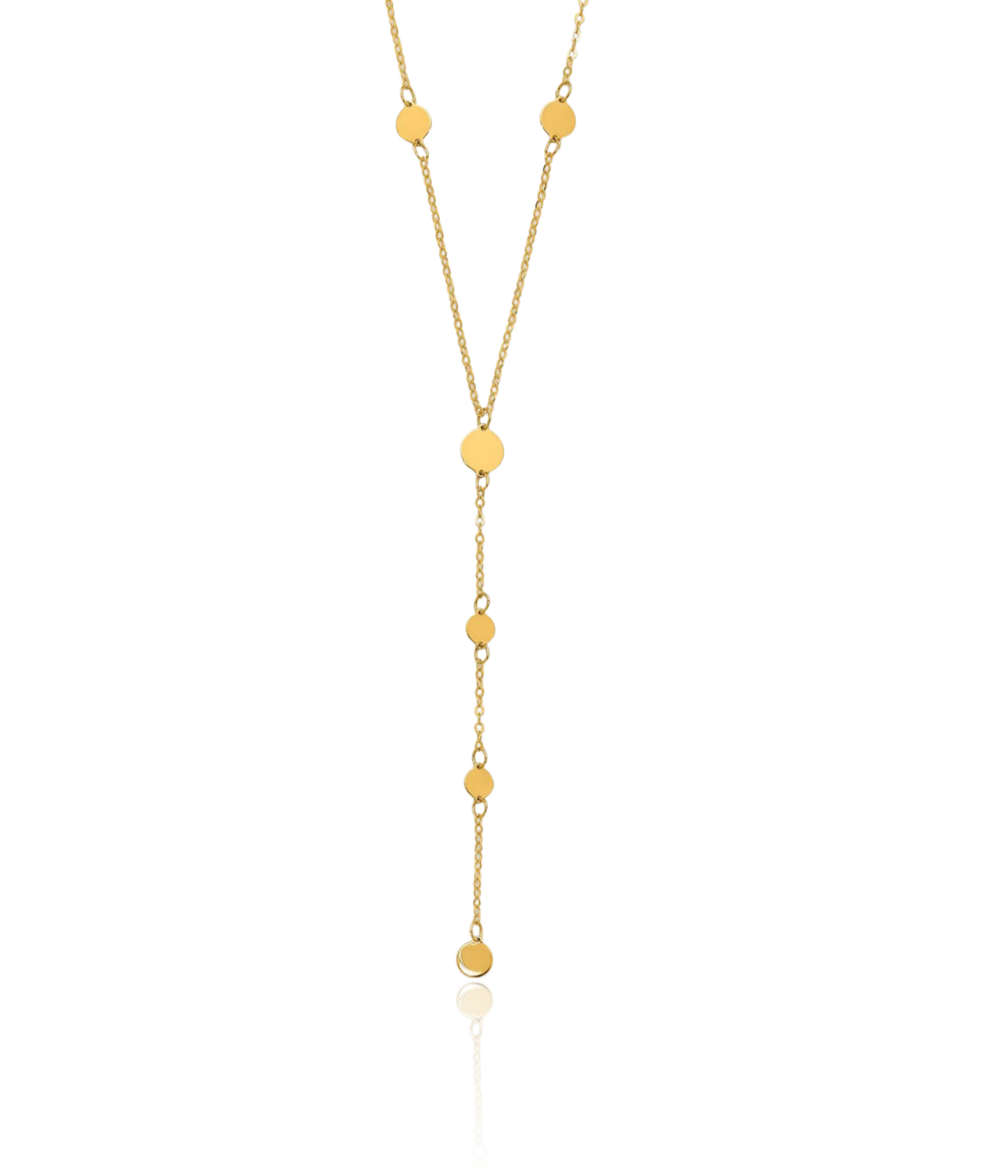 14K Solid Yellow Gold Round Geometric Disc Station Y Drop Chain 