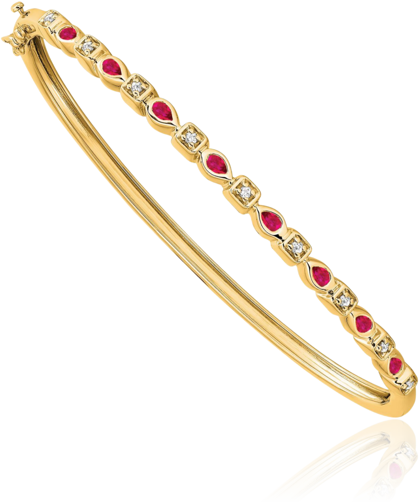 14K Solid Yellow Gold Ruby Diamond Hinged Bangle Bracelet - Picture 5 of 8