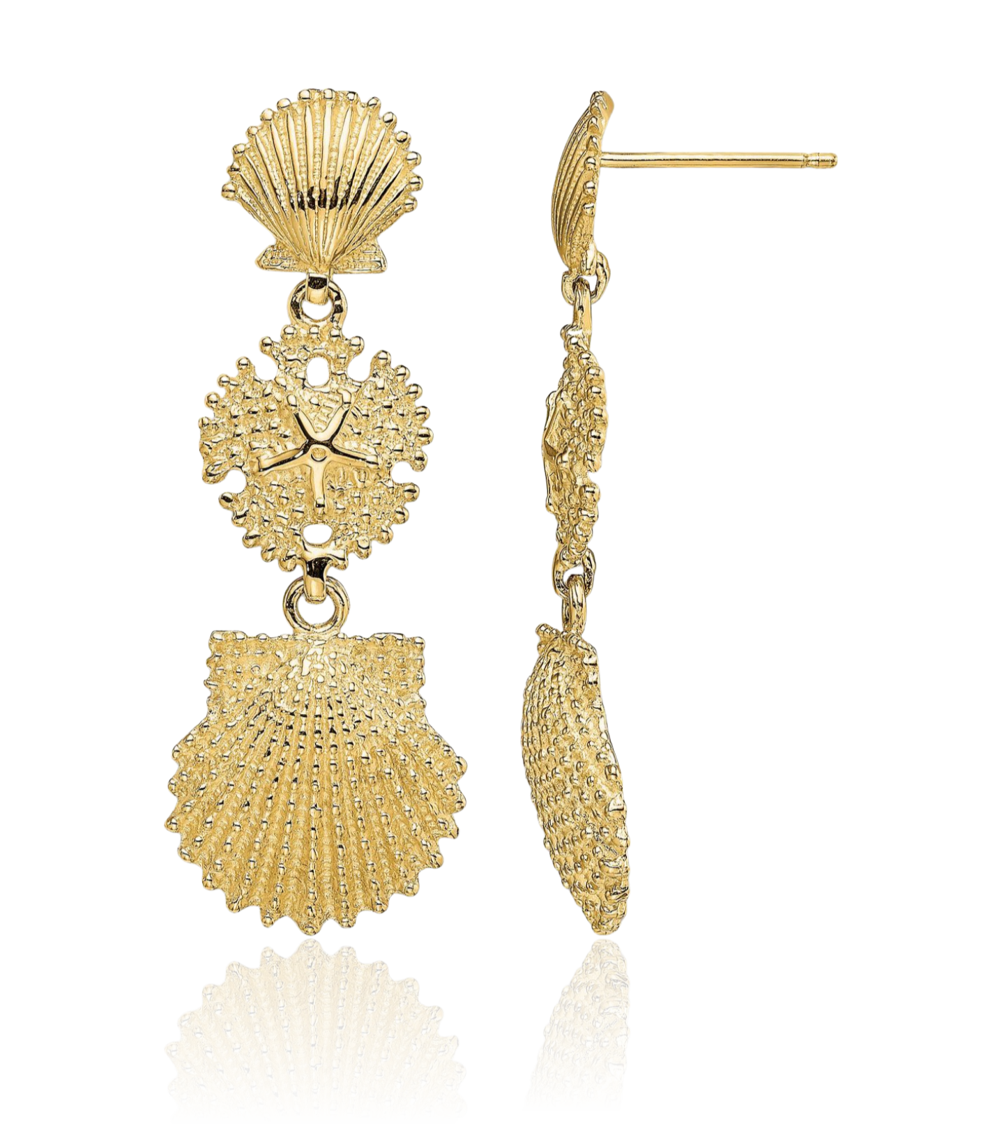 14K Solid Yellow Gold Medium Scallop Sand Dollar Dangle Earrings 36.9mm 1-1/2