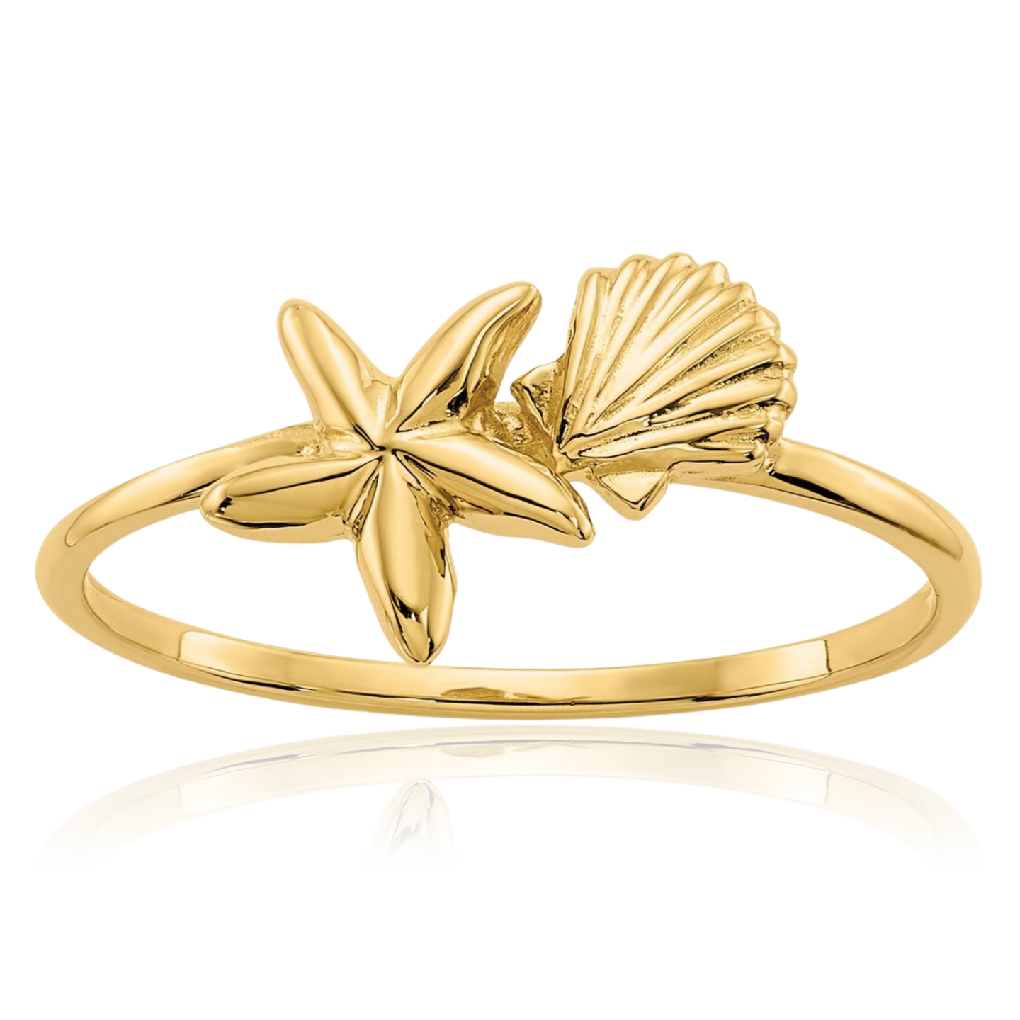 14K Solid Yellow Gold Shell Starfish Ring - Picture 11 of 100
