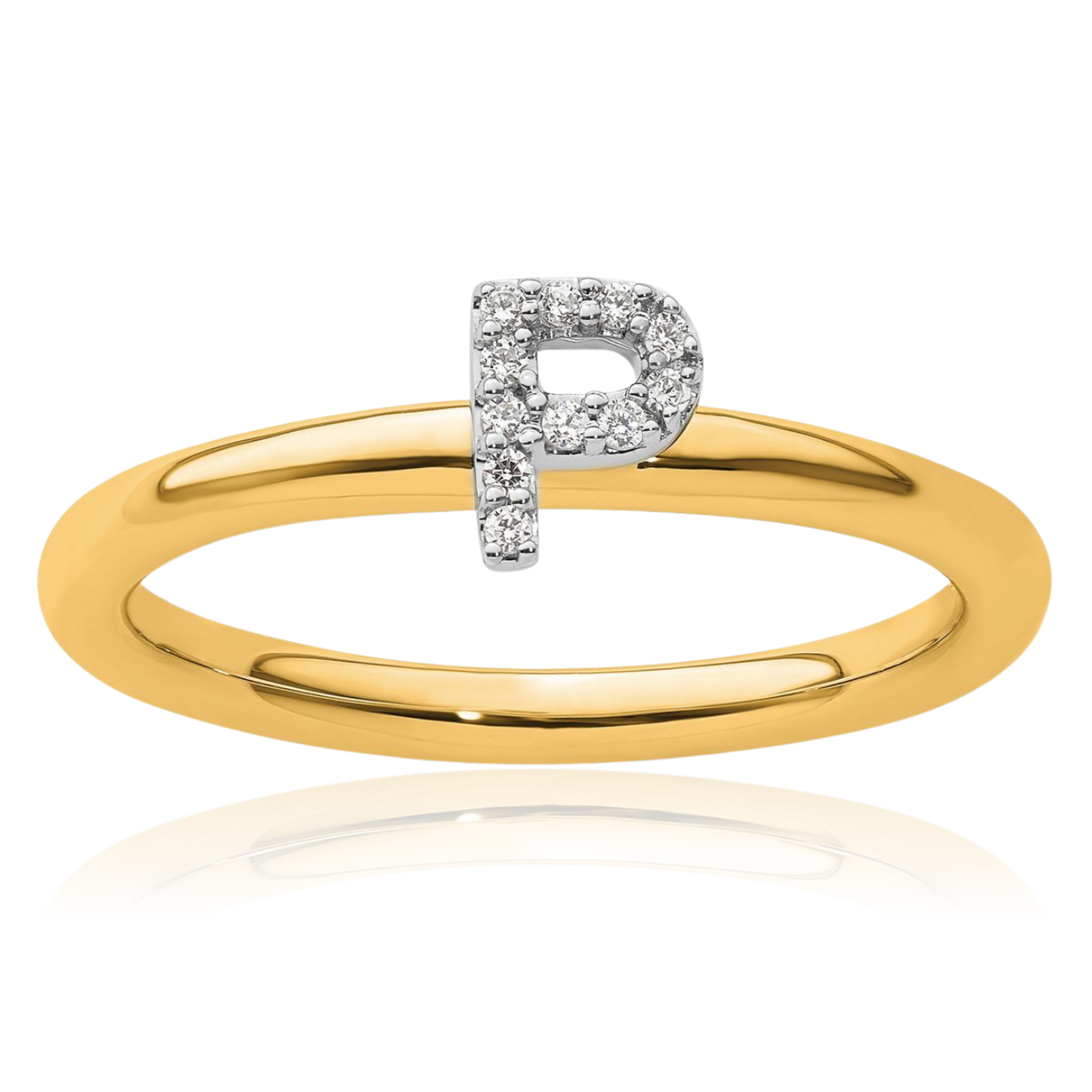 14K Solid Yellow Gold 0.06 ct Diamond Letter P Initial Stackable Ring Round