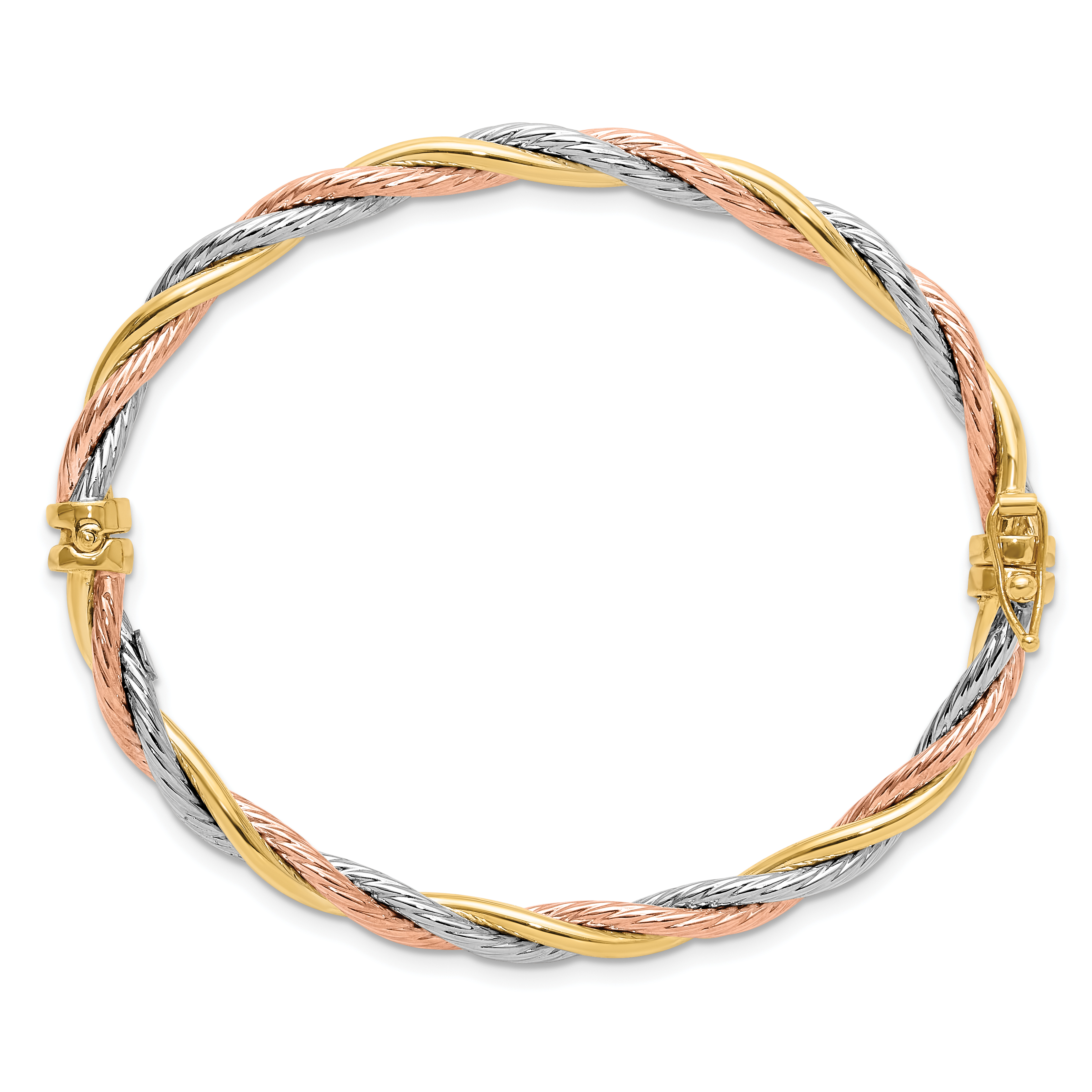 14K Solid Tri Color Gold Twisted Hinged Bangle Bracelet
