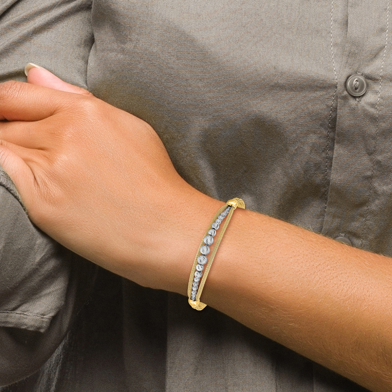 14K Solid Two Tone Gold Ball Chain Bracelet - Picture 9 of 12