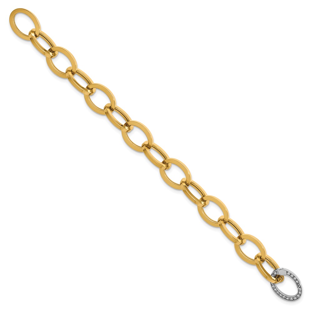 14K Solid Two Tone Gold Diamond Oval Cable Rolo Link Chain Bracelet - Picture 9 of 13